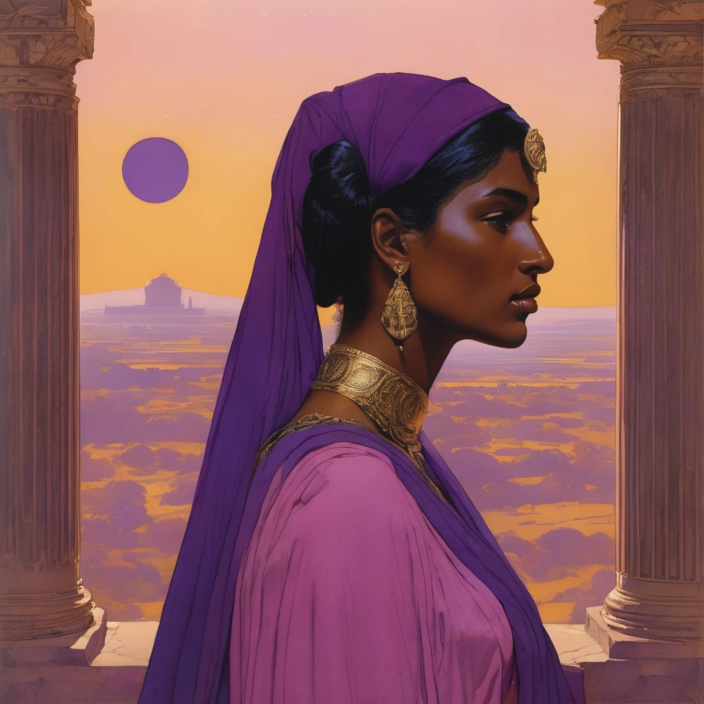 Masterpiece, (realistic), (propaganda poster), ((Moebius Jean Giraud)), ((((half body haughty upright profile portrait of a veiled Roman woman, young, priestess, sensual, imposing, dignified, proud, arrogant, wearing silk, purple and pink robes with detailed crescent moon, star elements, petting a cat)))), ((Corinthian columns, jungle, dusk background, moths))