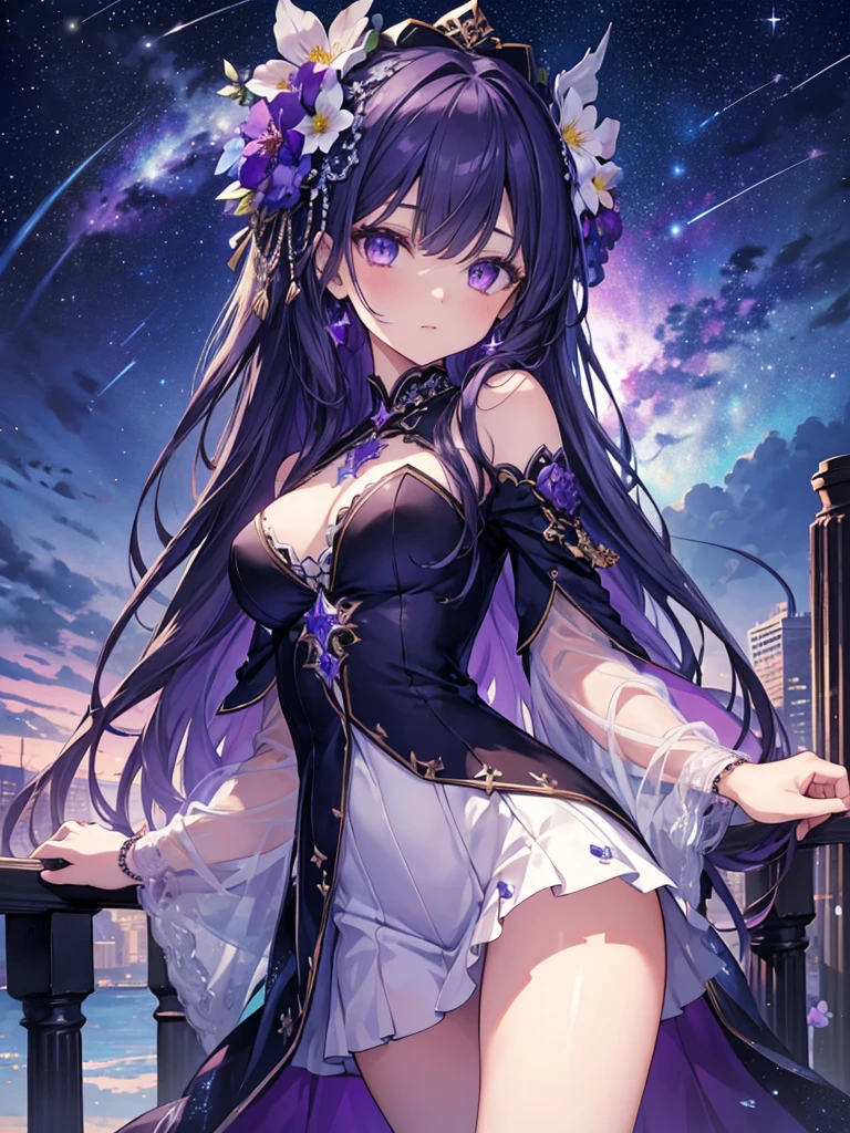 1girl with aurora-colored hair, admiring the breathtaking view of city lights and constellations in the night sky. She wears a dress that shimmers under the moonlight, revealing ample cleavage and a hint of the galaxies printed on the fabric. Her long, wavy hair cascades down her shoulders, while her purple eyes are captivated by the crescent moon and the shooting stars in the sky. A small string of garter straps peeks out from the bottom of her dress, adding a touch of playfulness to her outfit. With her mouth open in awe, she gazes at the magnificent sight, surrounded by the embers of fireworks and the snow