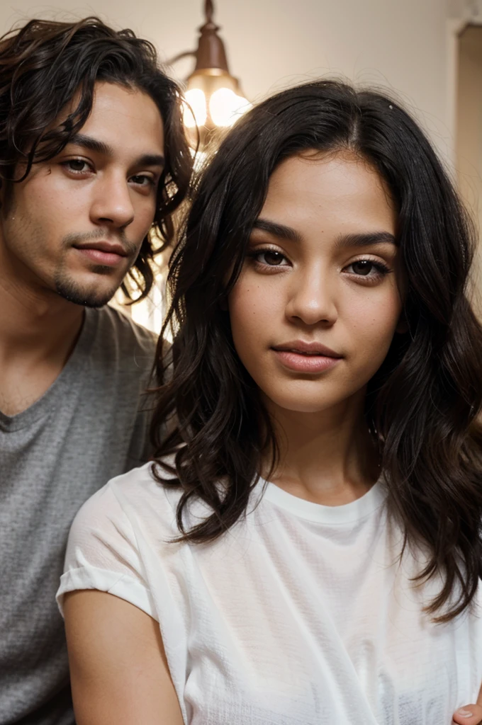 a black woman with curly hair: and a white man with black hair
