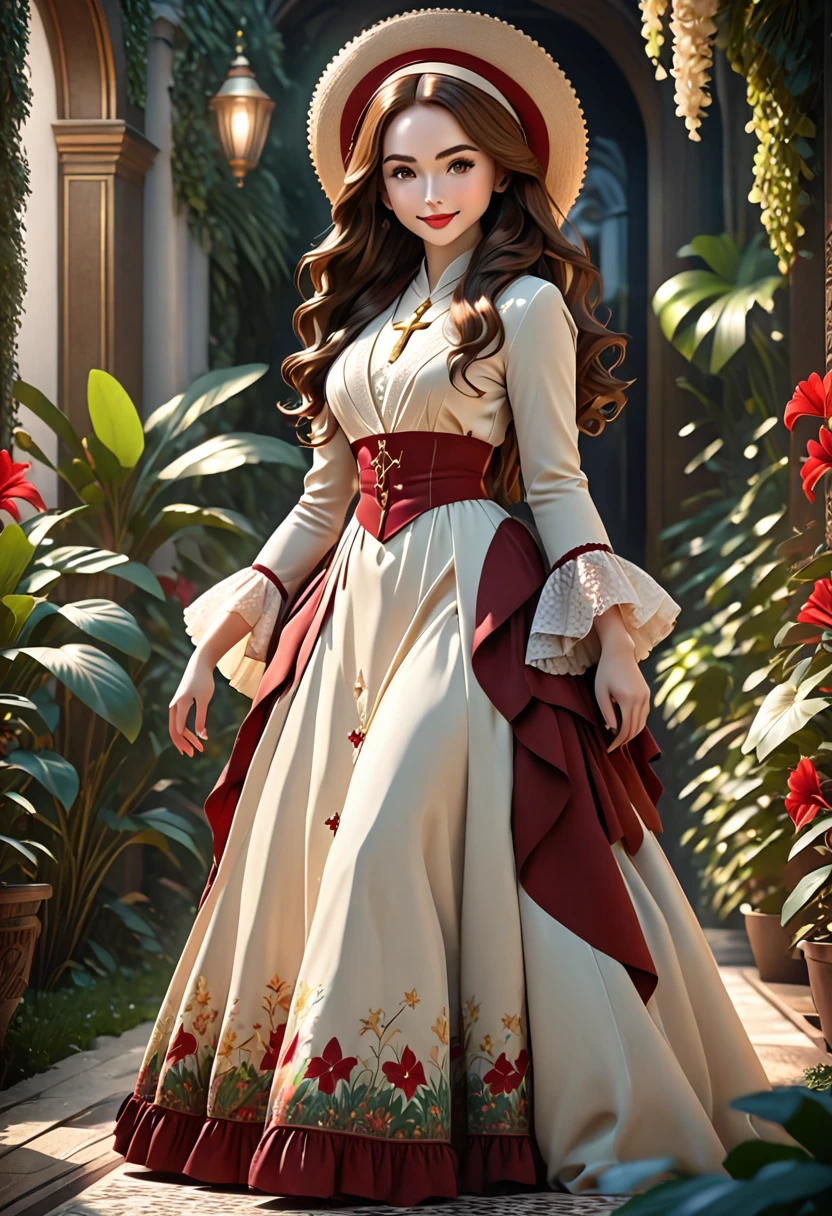 A beautful jewish women with a luscious thick bushy, course unibrow and cute nose. ultra Thick, coaurse, intense, curly, frizzy, long brown hair. Hair that clogs a drain after one shower. Hair you find on pillows and in corners of the room and in your refrigerator six months after the head from which it grew last visited. Hair that could not be straightened even if you had four hours and three hairdressers double-fisting blow driers. Hair that screams: Jew. Boho dress and hat, luxurious long dress、hat. curvy hourglass figure. Ultra HD, the symmetrical face, photorealistic photography, path tracing, specular lighting, and volumetric face light enhance the details. Epic lighting, striking silhouette. crucifix necklace. The symmetrical face, photorealistic photography, path tracing, specular lighting, and volumetric face light enhance the details. The scene is captured in maximum quality, masterpiece, 8K high resolution, and top quality. merge of Lilly Collins and Lilly James. sexy pose, intoxicating smile. crimson lips. in a garden, boho dress, bushy hair