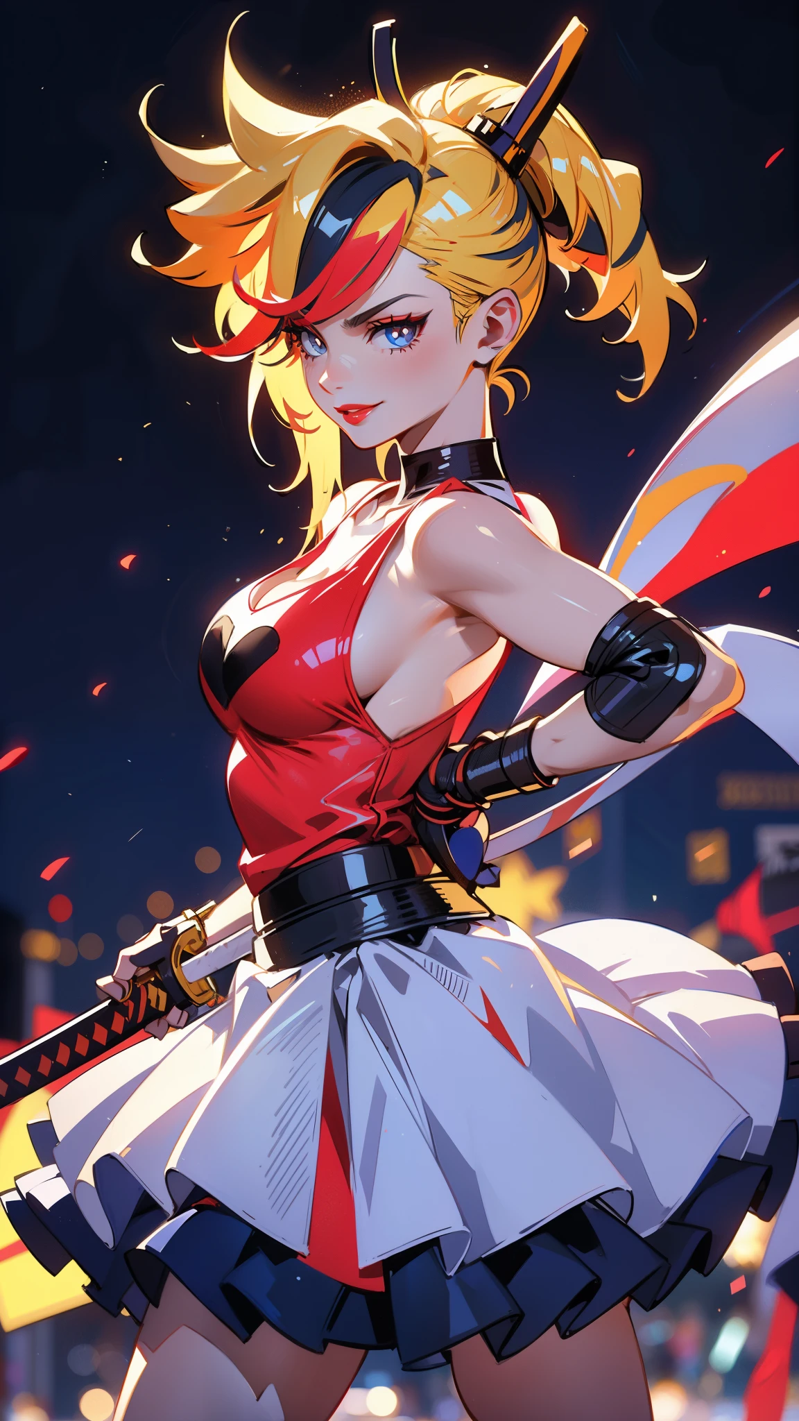 Cheerleader, cute woman, holding down a katana, big smile, samurai pose, expressive, simple nightscape, confident smile, ultra detailed face, better quality, perfect eyes Blue, glowing eyes, long eyelashes, sharp eyes, ultra detailed face, ultra long hair, ultra detailed hair, ultra detailed hair strands, catwalk, walking down the streets, night, starry Sky, ultra detailed lips, Red lips, 