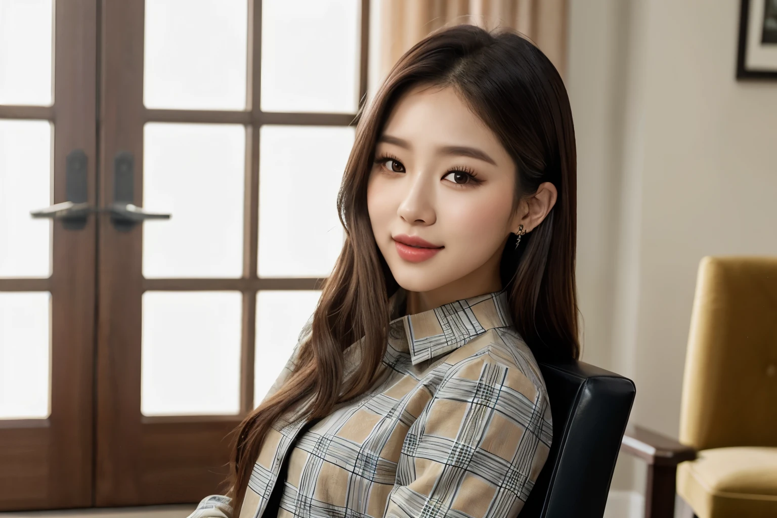 a woman with long hair sitting on a chair with a plaid shirt, jaeyeon nam, portrait of jossi of blackpink, roseanne park of blackpink, jinyoung shin, jossi of blackpink, portrait of female korean idol, portrait jisoo blackpink, popular south korean makeup, park ji-min, korean girl, wan adorable korean face, hwang se - on, popular korean makeup