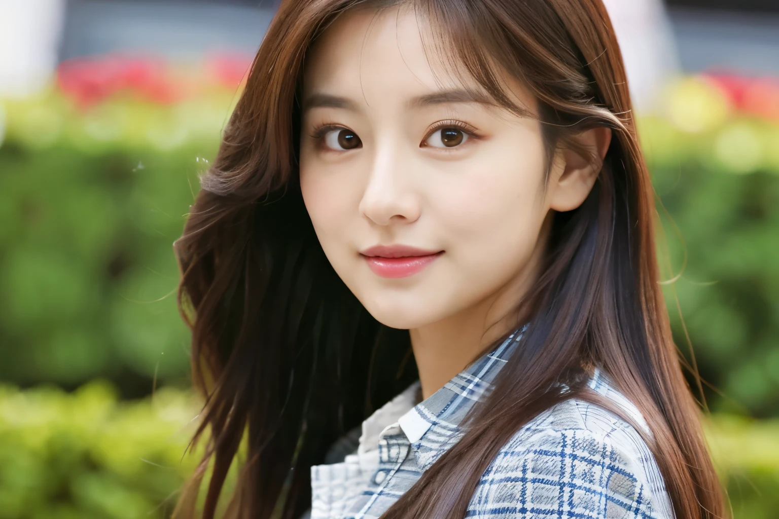 a woman with long hair and a plaid shirt is looking at the camera, cute korean actress, wan adorable korean face, tzuyu from twice, jaeyeon nam, young adorable korean face, girl cute-fine-face, with cute - fine - face, jinyoung shin, hwang se - on, cute beautiful, beautiful young korean woman, korean girl