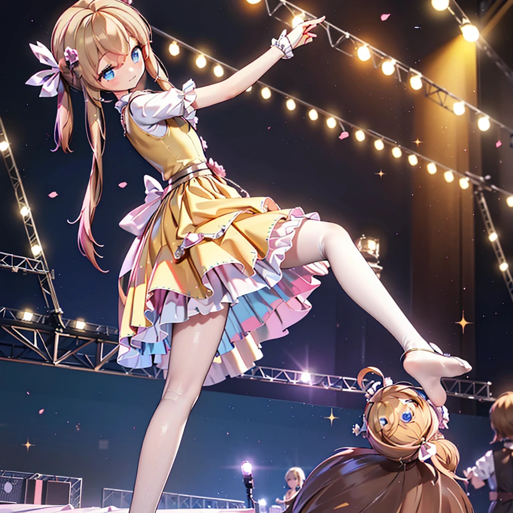 Solo girl, comical, kawaii, Blue eyes, light brown hair, back high twintails, front braids, (princess dress), ((yellow dress 1.5))smile, from side, dance at the stage, neon and led lights, posing, sexy, high-resolution image, masterpiece, high quality, attractive eyes, perfect leg, perfect body
