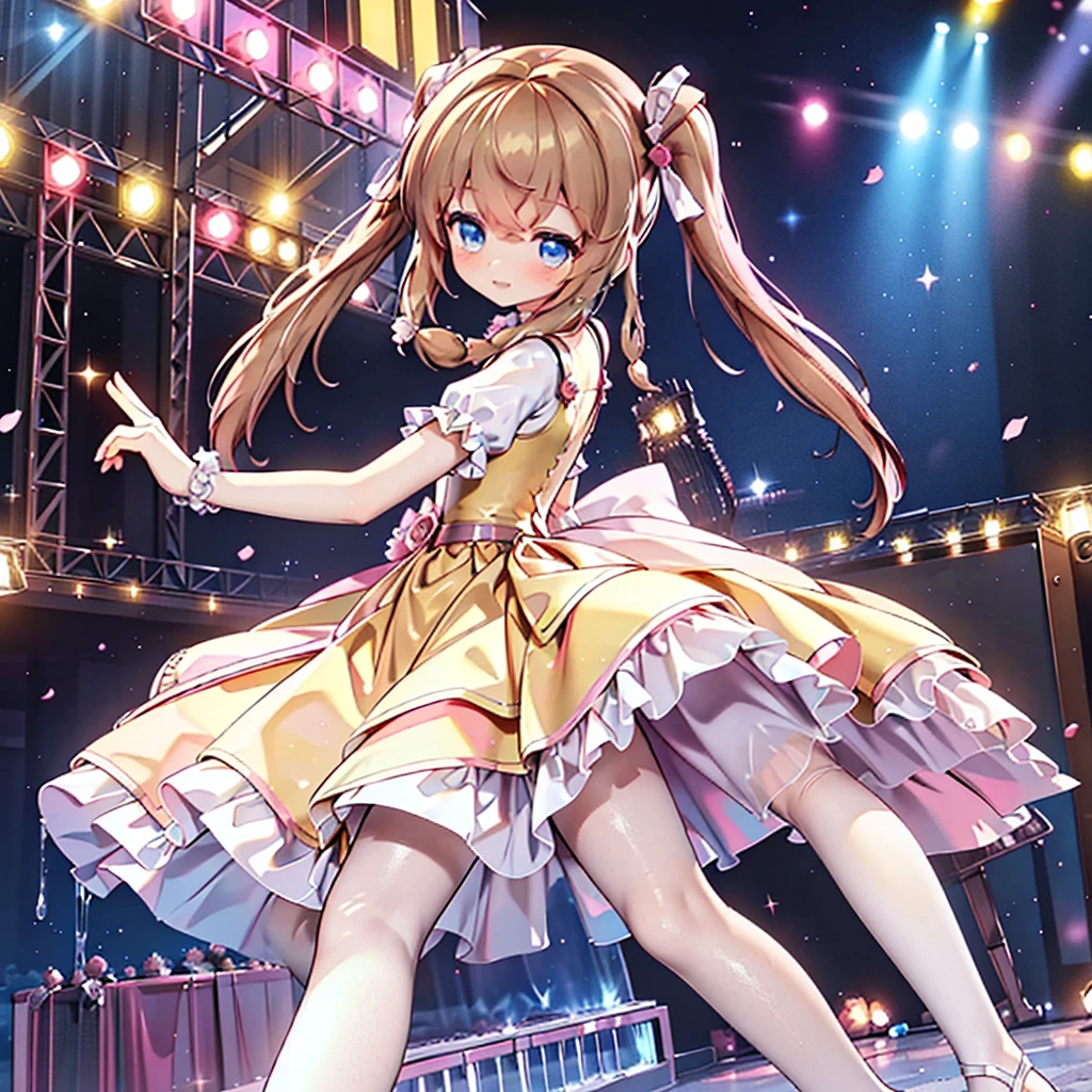 Solo girl, comical, kawaii, Blue eyes, light brown hair, back high twintails, front braids, (princess dress), ((yellow dress 1.5))smile, from side, dance at the stage, neon and led lights, posing, sexy, high-resolution image, masterpiece, high quality, attractive eyes, perfect leg, perfect body