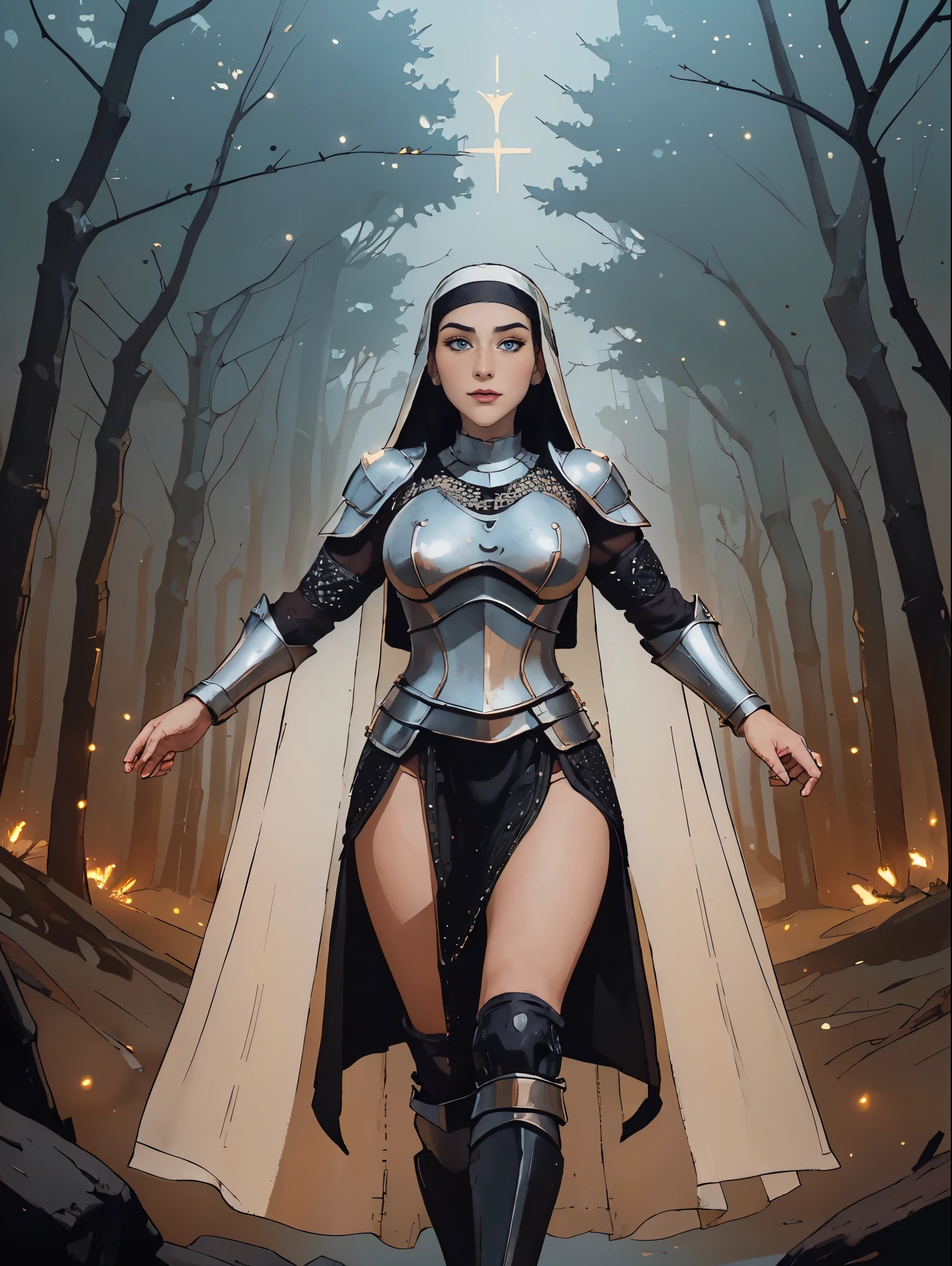 (masterpiece, top quality, best quality, official art, beautiful and aesthetic:1.2), (1girl:1.3), ((Sharp facial features, sharp features, hawkish features)), ((blue eyes)), busty paladin knight girl, extremely detailed, portrait, looking at viewer, solo, (full body:0.6), detailed background, full-body shot, (warm mountain meadow theme:1.1), holy knight, (nun), charlatan, smirk, mysterious, swaying in mountains, armor, polished metal, gold trim, long boots, white fabric, pelvic curtain, robe, pale leather, ((((nun, holy aura, corona, mace, heavy armor, armored, long legs, pelvic curtain, toned, muscular, chainmail)))), slim waist, slim hips, long legs, medieval (mountain exterior:1.1) background, dark mysterious lighting, shadows, magical atmosphere, dutch angle