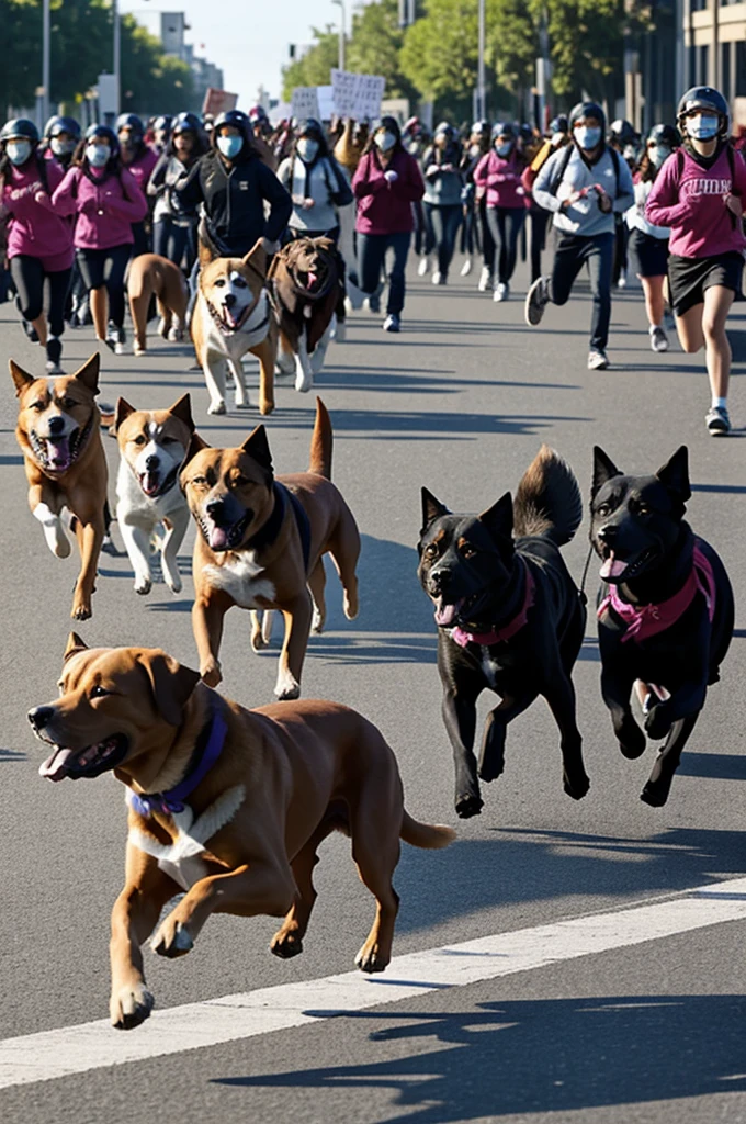 Create an image showing a group of dogs chasing female students as a form of protest."