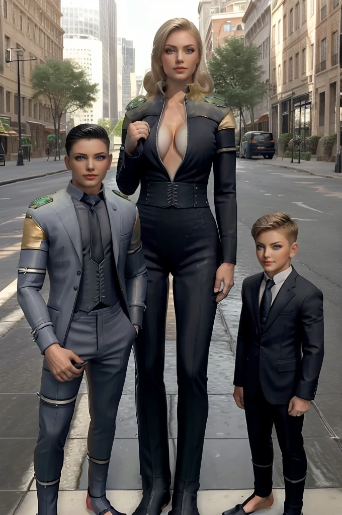 Tall wife in the middle, short husband in the left, short son in the right, beautiful faces, wife is wearing suit and pants, wife has big , wife is showing cleavage, wife is ripped, wife's suit has a belly button cutout, wife has ripped visible abs, make the girls even more taller than the boys, boys are very thin and weak, boys wearing suit and pants, wife is standing barefoot, boys are wearing office shoes