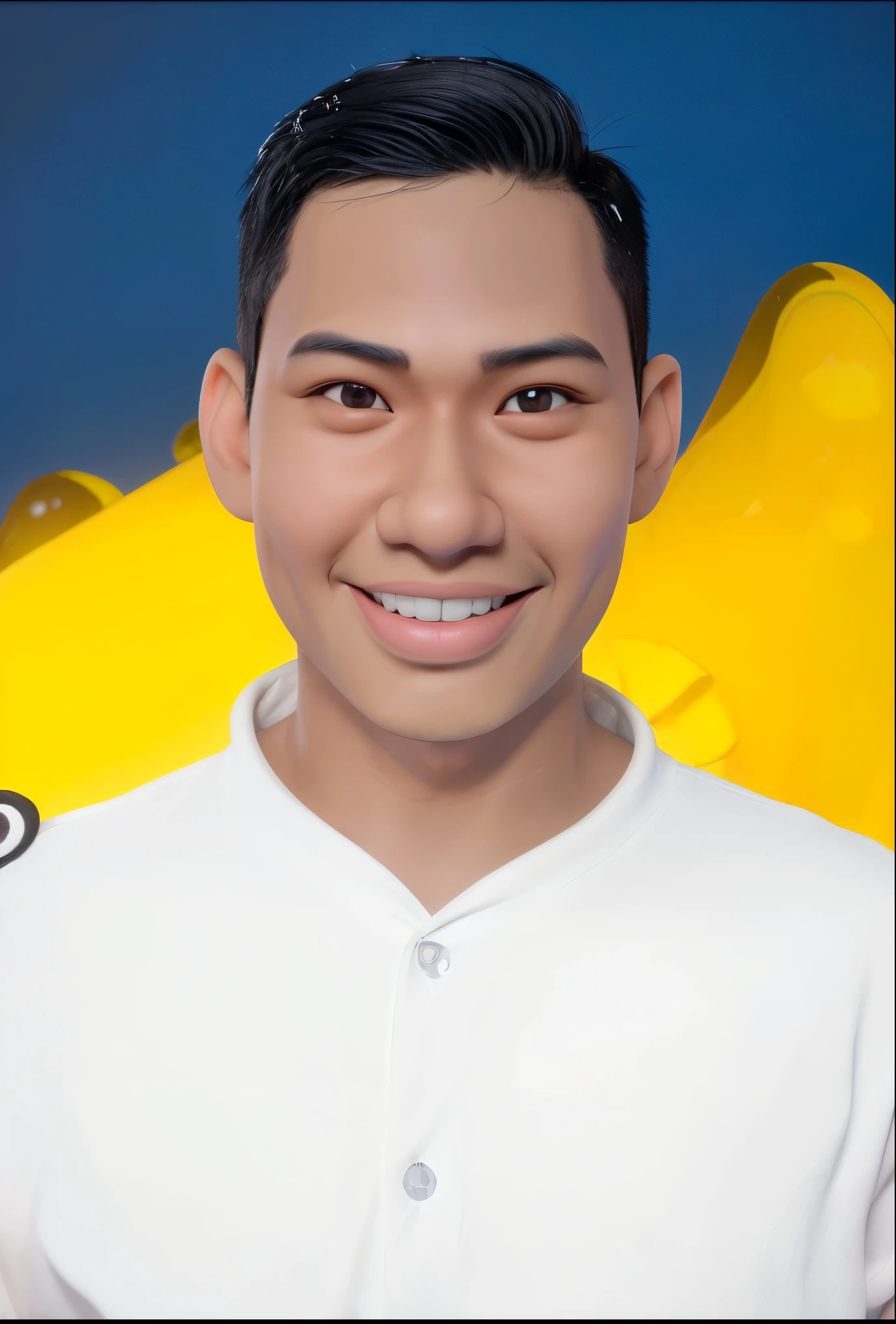 Hyperrealistic 3D Cartoon style character Disney caricature. 18 year old Indonesian man, ideal body, neat black hair, wearing a black shirt.
smiling at the camera with hands in ready position, gray background. Use soft photography lighting. Hair lighting, top lighting, side lighting, high quality photos, UHD, 16K