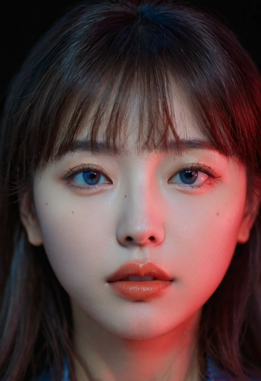 (upper body:1.5),8k, best quality, 1 Girl, (Skin Indentation), night, (dark), Indoor clear background, (people), Beautiful bangs, Gorgeous,, (Clothing and:1.3),Soft lighting, attractive, dark Room, (mouth close:1.2, beautiful eyes, Delicate eyes, Detailed iris, Beautiful lips, Beautiful nose, Pretty Face),(primary color:1.5),(Ambient Light:1.5),(Neon light:1.8),(Radioluminescence:1.8),(red and blue light:1.5)