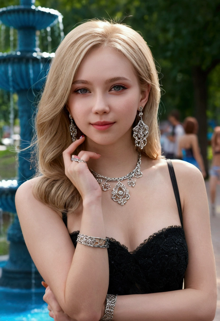 8k, Masterpiece, RAW photo, Best Quality, detail:1.2), photorealistic, Extremely detailed 8k unified CG wallpapers, depth of field, cinematic light, Lens flare, ray tracing, (incredibly beautiful face, Beautiful lips, beautiful eyes) , Cara de detail intrincado, ((Ultra detailed skin)) 1 girl, in the dark, Short blonde hair, deep shadow, cute russian girl, K-Pop idol, (very slim and muscular body:1.3), ((View viewer)), (big smile), (naked body), (high heels), (No panties), ((Full body photo while standing)), (Full body photos while walking), (injection bracelet), (park background with a fountain), (neon lights), (Afternoon), cute russian girl, earrings, bracelet, shackles, light eyes, andante, (pale skin), Looking forward, (large eyes), NSFW