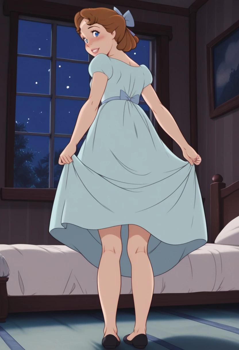 zPDXL, zPDXLxxx, score_9_up, score_7_up, BREAK, WendyDarling, 1girl, solo, brown hair, hairbow, blue eyes, lips, dress, black flats, indoors, looking at viewer, by bed, night, moonlight, window, smiling, small breasts, standing, from below, dress lift, bare knees, blush,back view, ass, 