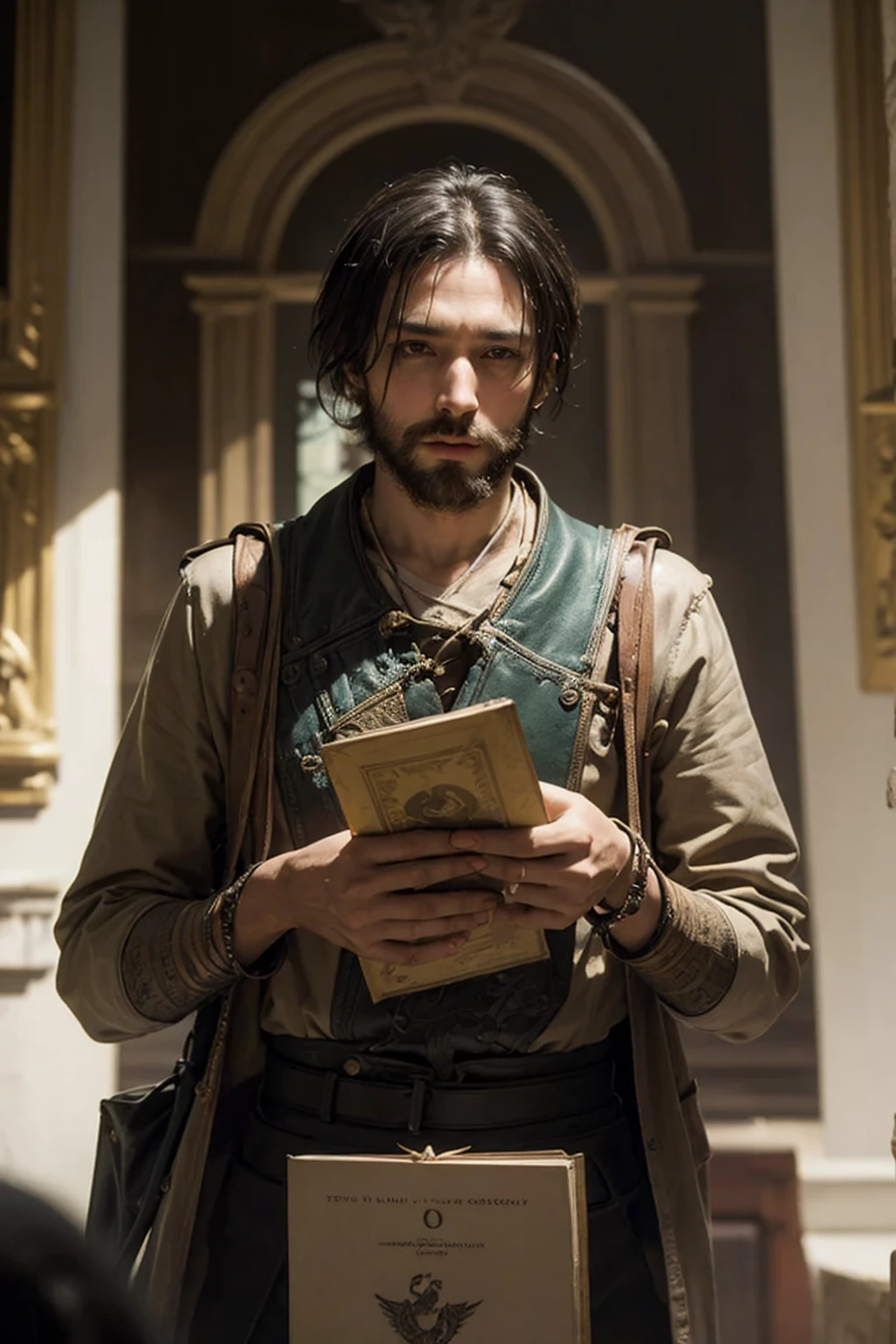 An oldery man Hermit have white bearded sage, white ascetic outfit, reading an old big book in an ancient library, optimistic, adventurous, cinematic lighting, dramatic skies, detailed facial features, detailed clothing, depth of field, photorealistic, highly detailed, 8k, masterpiece