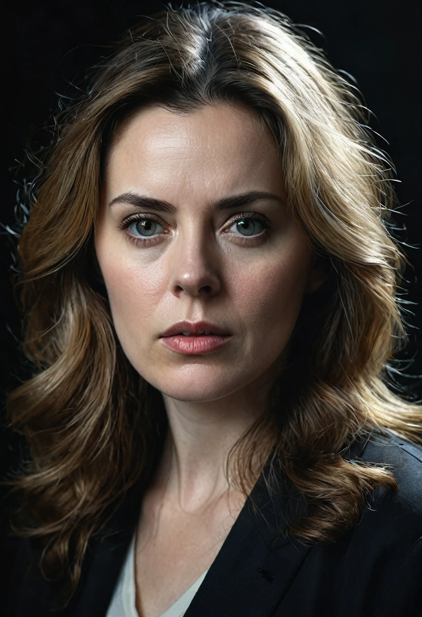 Portrait of very serious white woman with dark background, hyper realistic image 