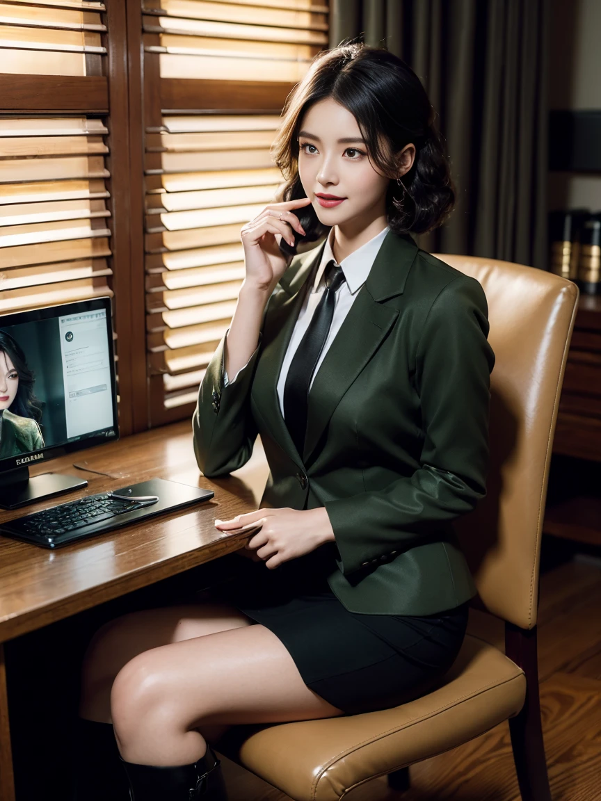 (full body),In the office, a Chinese beauty wearing a uniform,(Retro finger waves),finger waves, with perfect facial features, hot ass giri, smile, lipstick, red lip，Deep olive green tight fitting wool jacket, a brown-green shirt,wearing (Black uniform tie),Deep Olive Green Wool Pencil Skirt, （Black high heeled knee high boots）, Sitting in a chair and making phone callss,full body,Sitting in front of the computer,( Making a phone call using a landline), (male colleague standing behind), a girl, a boy, full body , office,desk, chair, Landline , night, bright lighting, Best quality, masterpiece, ultra highs, (photosensitive: 1.4), deep shadow, low-key, 8k portal of beautiful, integrated, elegantly, highly detailed, Majestic, digital photography, art by artwork and run jia and greg rutkowski, (masterpiece, sidelighting, finely detailed beautiful eyes: 1.2), HDR, Detailed background,