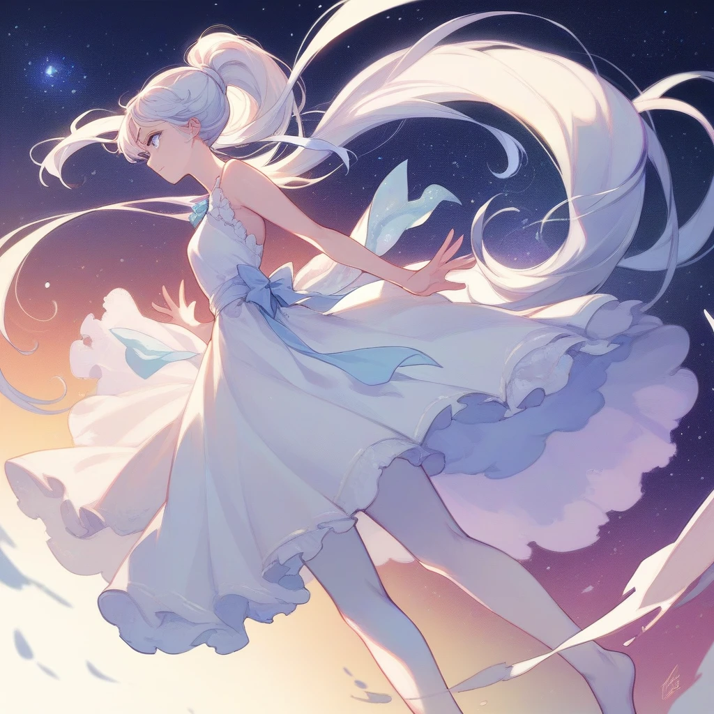 Girl with a ponytail, Gradient purple to sky blue eyes, Wearing a white dress, , Galaxy Background, , No footwear、whole body、White Hair