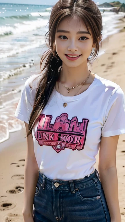 (Highest quality, Intricate details: 1.2) ,1 girl, alone, Looking at the audience, Colorful pink and black t-shirt, Cowboy Shorts, Long Hair, Lips parted, Realistic,At the Beach,smile,Medium Size,White skin，High Ponytail,１６age,Necklaces and earrings,