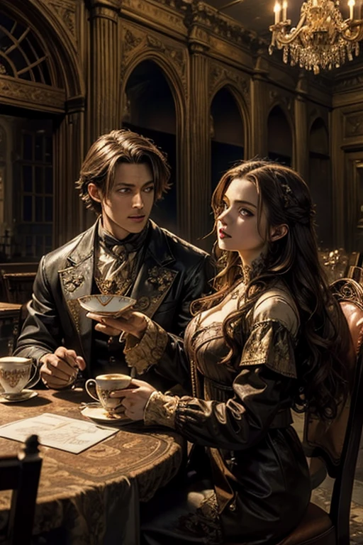 ((Masterpiece, realist, Best Quality)) abandoned castle, 1 man, 1 woman, Brown hair, by rubio, blue eyes, Brown eyes, Cup of tea, interior, Vampires