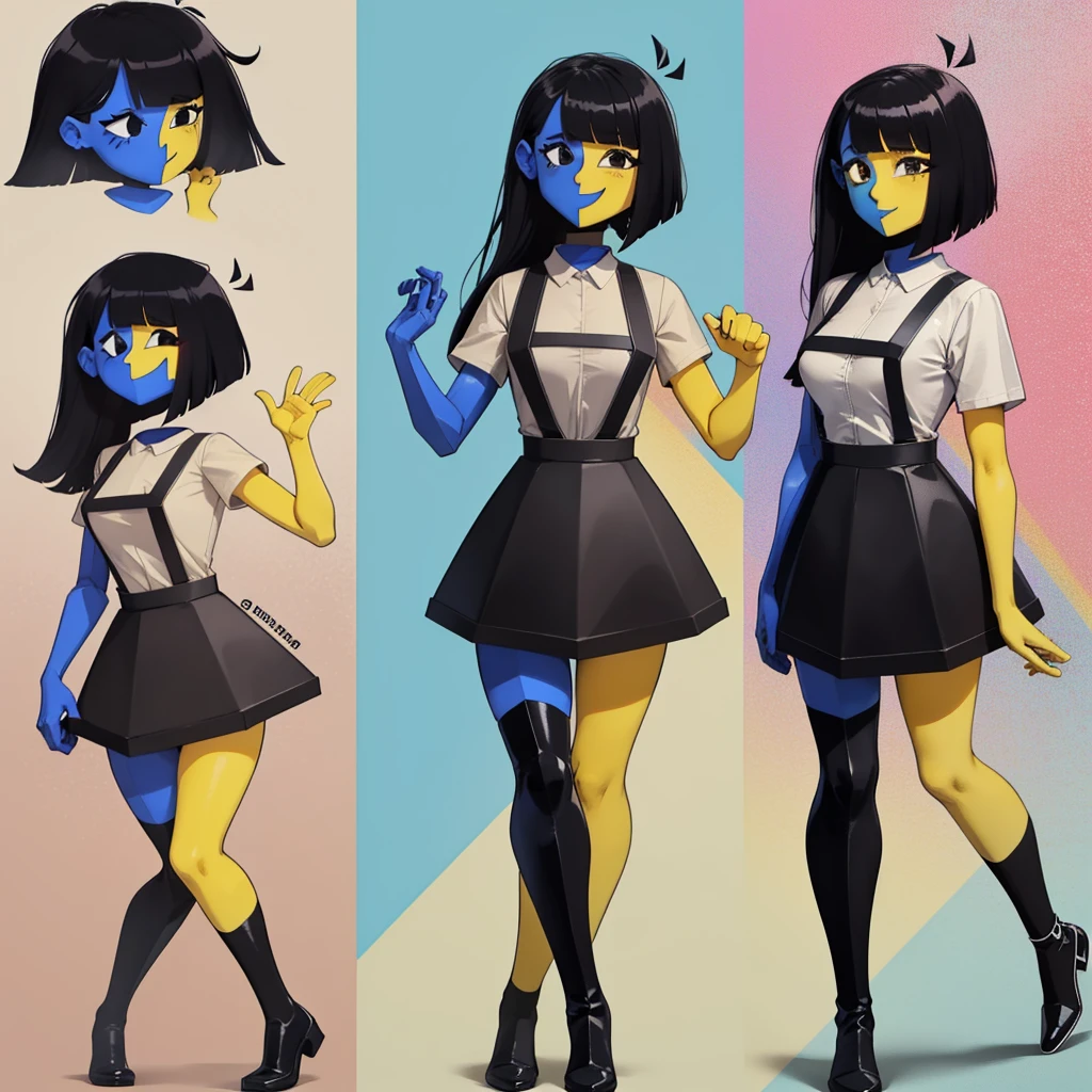 Ena (Joel G), 1girl, dual-colored body, (right side blue, left side yellow), long black hair with different length on either side, (right side of hair longer and straight, left side of hair resembles bob cut and covers left ear), two triangular ahoges, blunt cut bangs, diamond-shaped right eye with a eyelash down, half circle-shaped left eye, black eyes, beige collared t-shirt, black skirt with black overalls straps, single strap connecting the two other straps going across her chest, two black socks (one thigh-high on her right and one ankle sock on her left), grain effect over her right side and hair, front view, standing, perfect anatomy, better hands,