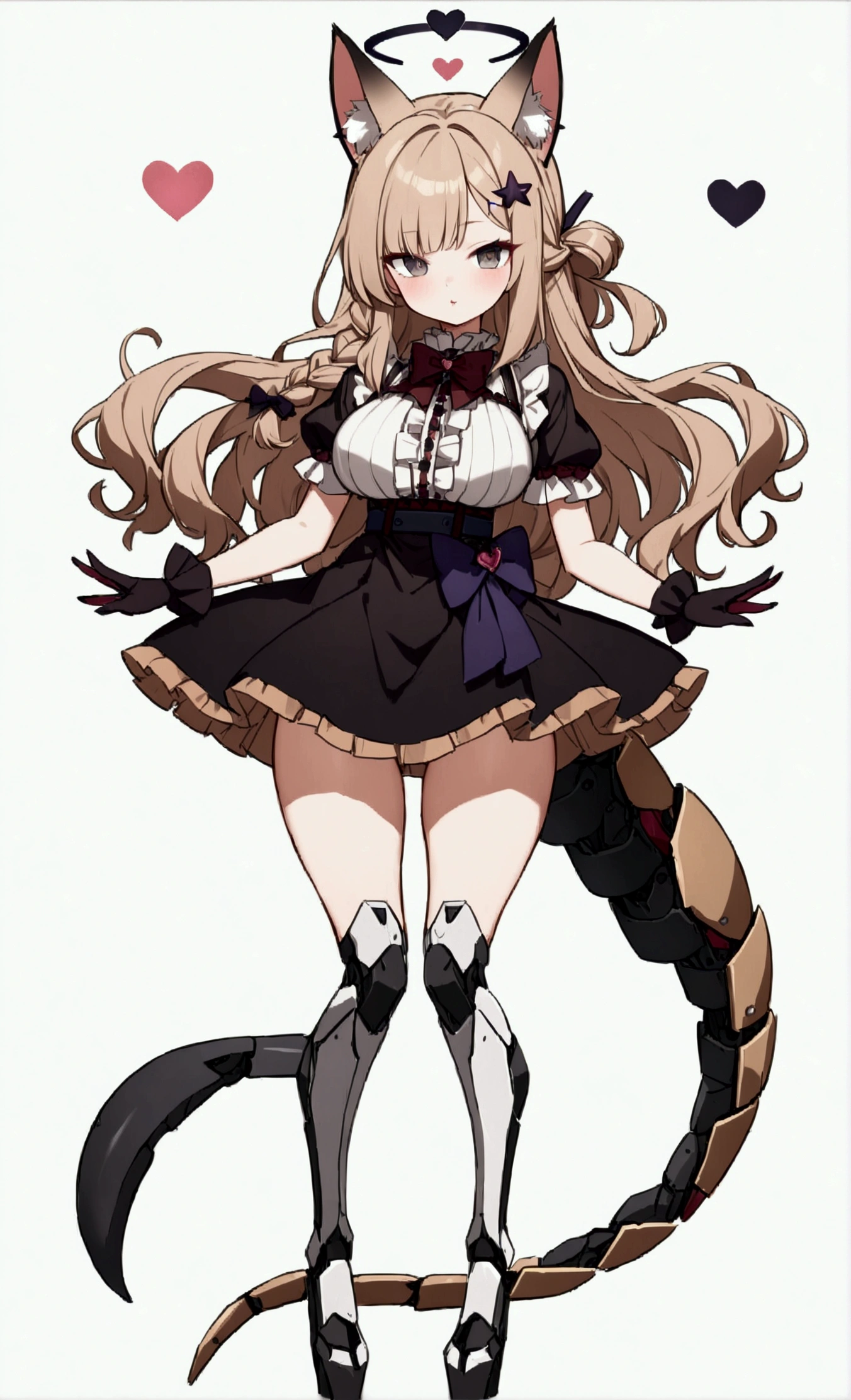 Woman 180cm tall, big chest, wide hip, slim build, charming look, (dark blonde hair), ((hip length loose wavy hair, asymmetrical bangs, star hairpin)), (a short braid on the left and right side of the hair tied with an elegant purple ribbon), (small ribbons at the back of the hair), ((Gray eyes with a pink 4-pointed star in the pupil)), (two black fox ears located on the top of the head), (luminous black halo in the shape of a 4-pointed star on the head), ((It has a small black succubus tail that ends in the shape of a heart)), (((It has complex mechanical legs that reach up to the thighs., The legs are dark gray with small burgundy and black details))), (elegant knee length one piece dress, small Vinotinto bowtie on the neck of the dress, white bust with vertical black lines, lace and ruffle skirt, short sleeves with ruffles, ribbon decorations and star patterns on the dress), black ruffled gloves, Black platform heels, gray belt at the waist with a large ribbon with a luminous pink heart in the middle, black necklace with a heart pendant on the neck, (((character design sheet: front view))), ((whole body)), extremely detailed beautiful hair, beautiful detailed dress, extremely detailed arms, extremely detailed face, (Extremely detailed hands), perfect hands, small face, Beautiful detailed eyes, beautiful detailed lips, adorable, extremely detailed legs, (Best Quality, 8k, high resolution), ultra detailed, Exquisite and epic character art, ((White background)), (Focus on symmetry), (beautiful detailed succubus tail), (only one woman in the picture)