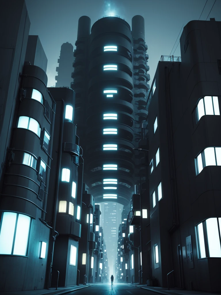 FUTURISTIC CITY, design a futurist but minimal city, Hyperion City" dark and tenue led lights, minimum colorful, apartment complex, apartment complex llamado "Final Quarter" modern apartments, cozy apartments, realistic apartments, acid rain, illuminated windows ,at night, cyberpunk lights, emaciated trees, giant oil led screen that says FINAL QUARTER, dark almost black view, few lights, very few lights, nostalgic environment, Acid, hyperrealisticJapanese animation style image.