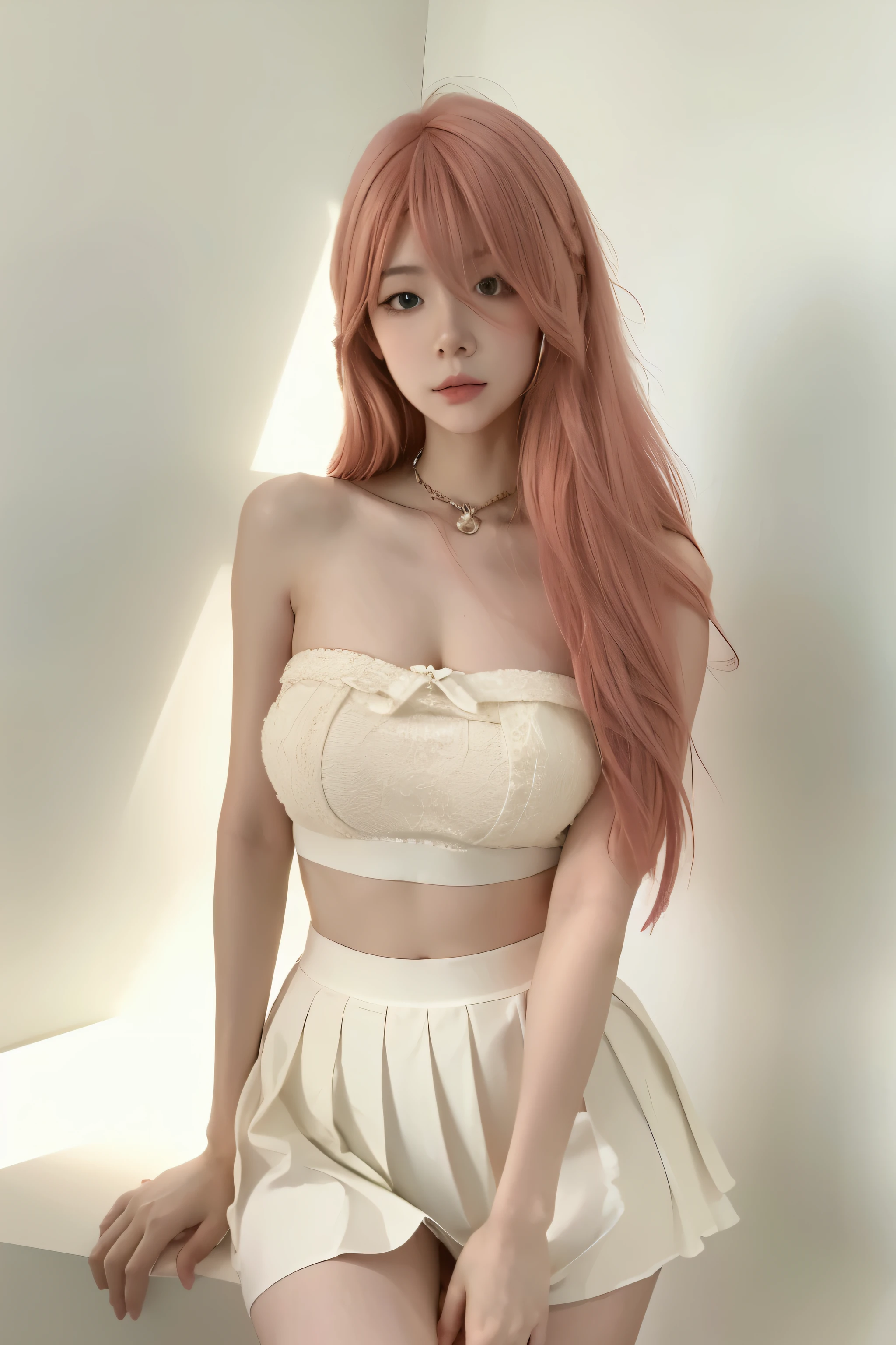 Beautiful woman with perfect body:1.4,Prominent cleavage,Layered Hairstyle,Highly detailed face and skin textures,Double eyelids,Skin Whitening,Long hair,Whitened long legs,Half chest wedding dress,Pleated skirt,Pink Hair
