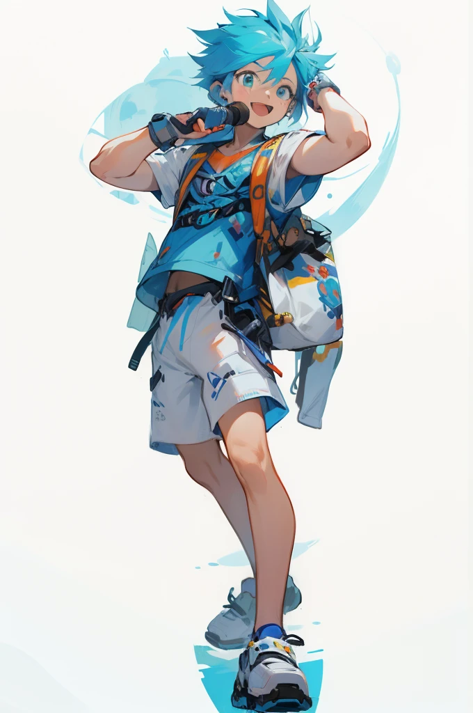 Repair the foot,Full body standing painting,6-year-old boy singing idol singing on stage,Full body standing painting,holding microphone in hand,adolable,Big dynamics,quadratic element,A high resolution,Best Masterpiece,ssmile,Three View,character design, sem camisa, sem camisa, cabelos azul, braço mecanico feito de metal , olhos azuis
