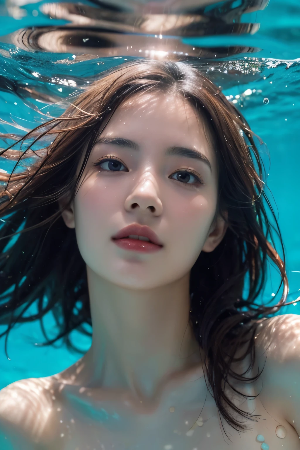 Nude, beautiful woman, best of the best, human like skin, realistic face, swimming underwater
