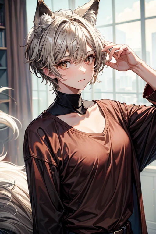wolf cut hairstyle, brown eyes, loose shirt