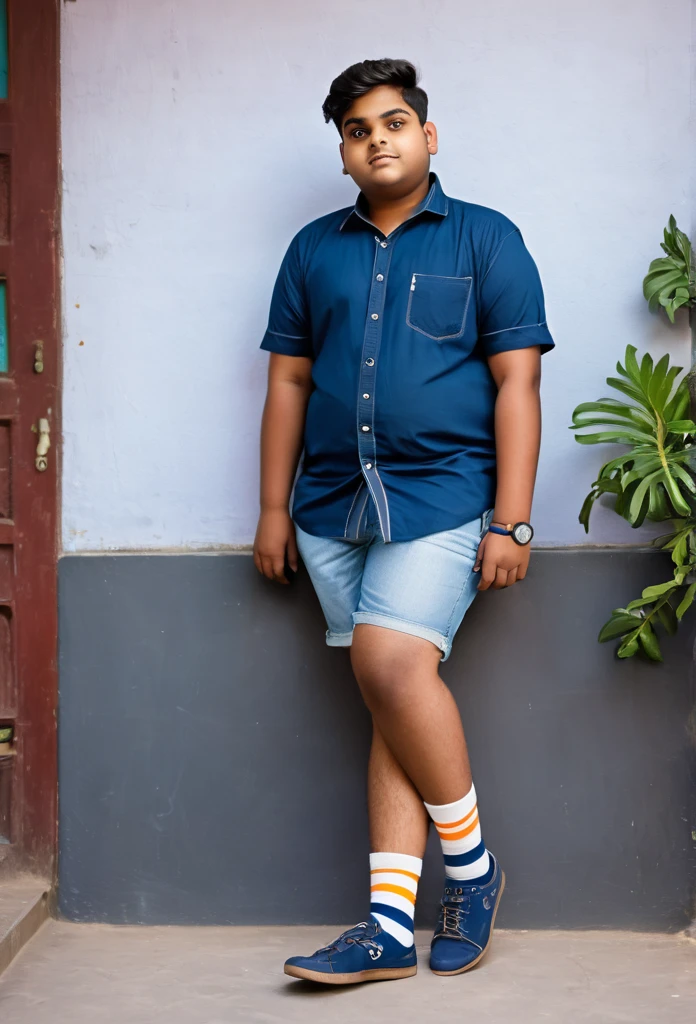 Fat indian 20 year old boy in shorts socks with short sleeve shirt