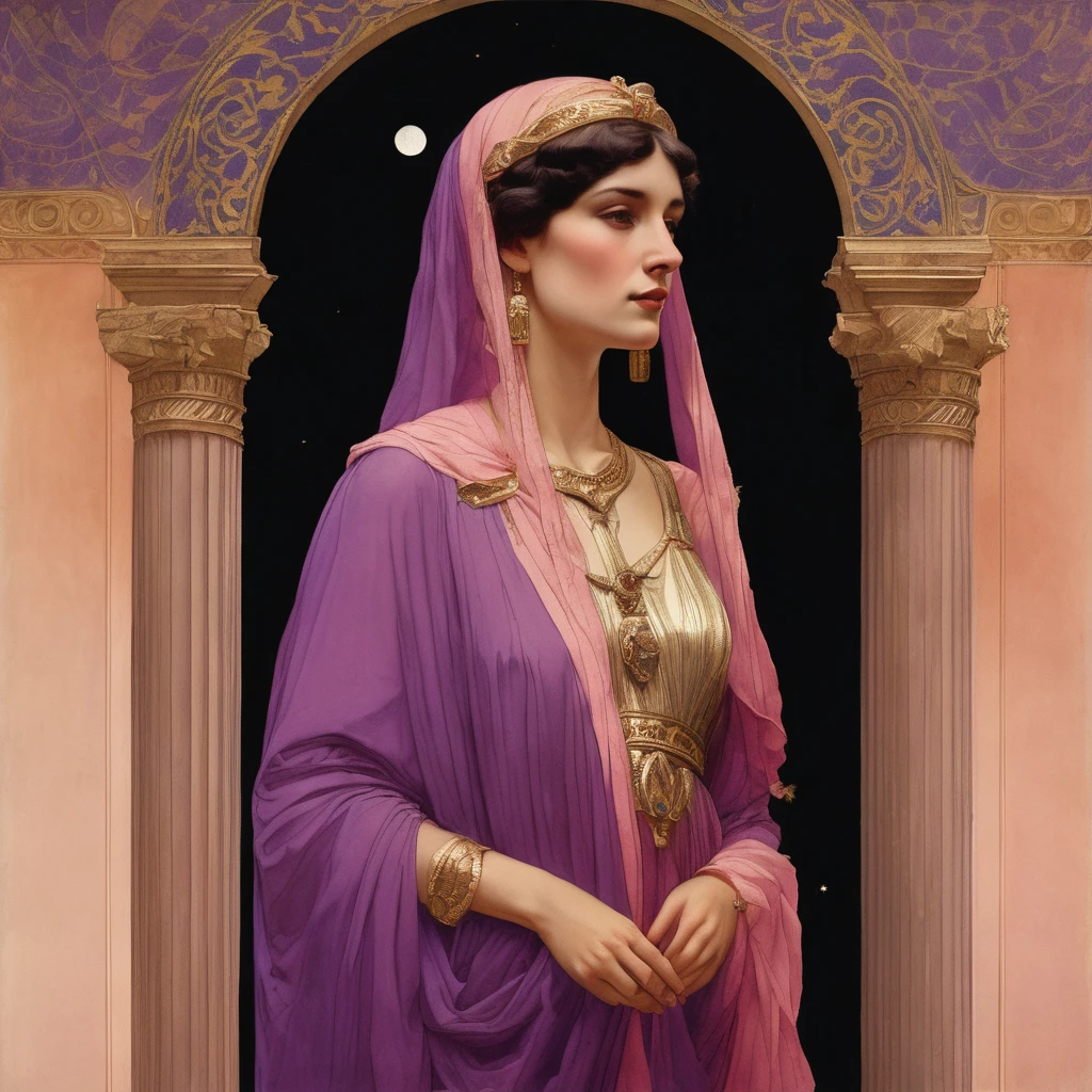 Masterpiece, (realistic), (propaganda poster), ((Moebius Jean Giraud, Léon Bakst)), ((((half body haughty upright profile portrait of a veiled Roman woman, young, priestess, sensual, imposing, dignified, proud, arrogant, wearing silk, purple and pink robes with detailed crescent moon, star elements, petting a cat)))), ((Corinthian columns, jungle, dusk background, moths))