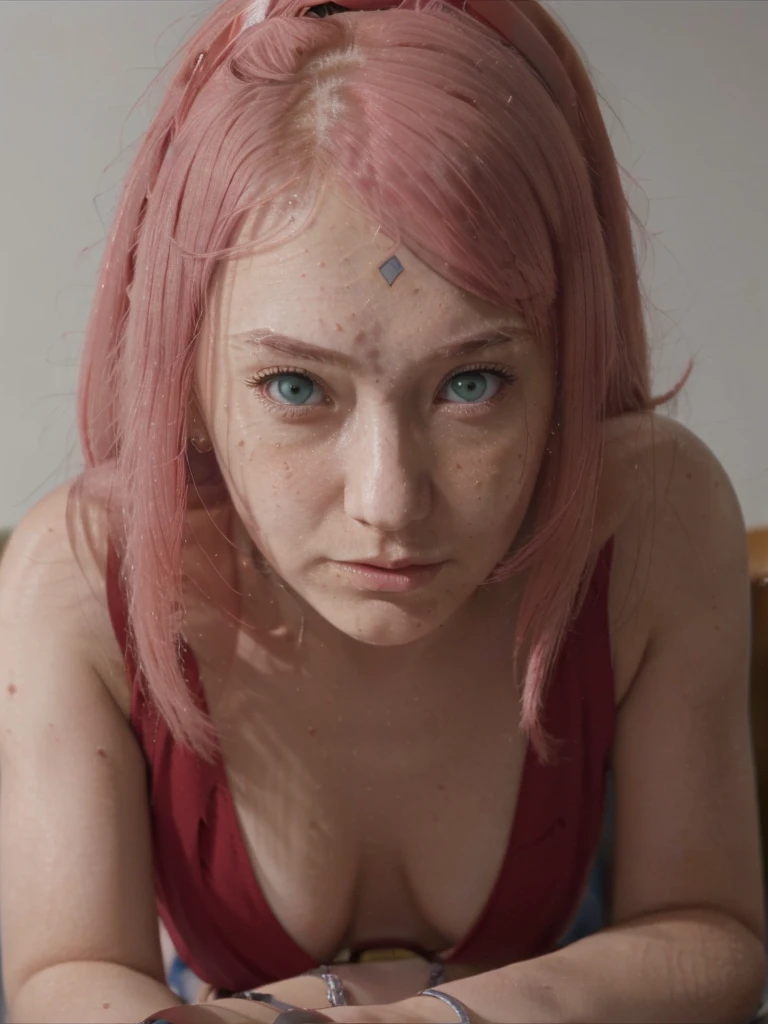 masterpiece, ,(solo:1.1), perfect face, beautiful detailed eyes, extremely detailed face, perfect lighting,masterpiece, best quality, 1girl,haruno sakura, naked, bracelets, forehead mark, red hairband, having sex, fucking