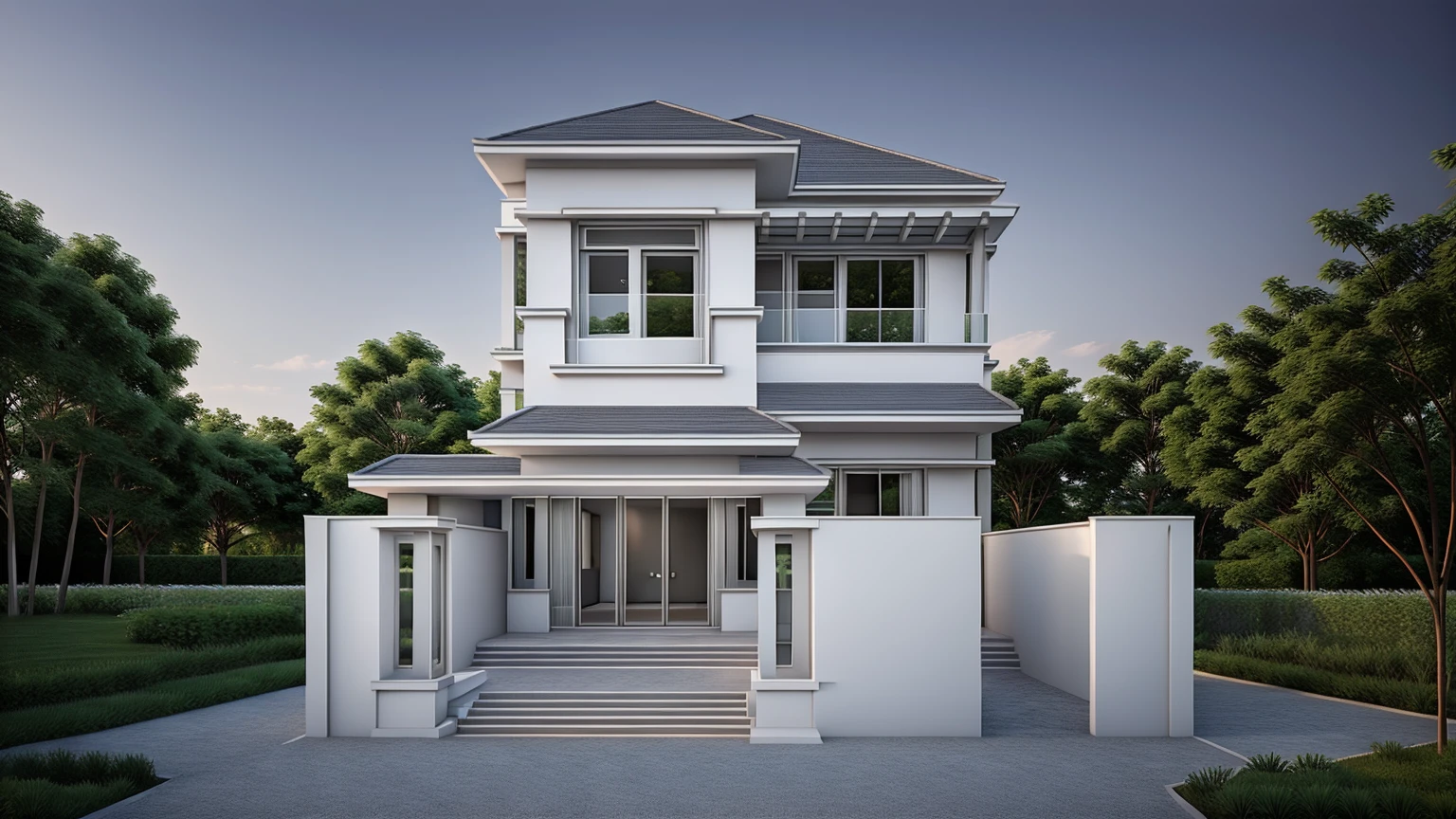 PLATFORM KTHOUSE, 1 morden villa,1large yard, 1 road runs in front of the house, (RAW photo, real, best quality, masterpiece:1.2), look morden minimalist, 1 road in front of the house, In front there are tropical plants and flowers, dynamic lighting:1.3, (hyper realistic, photo-realistic:1.2), high quality, (dark lighting:1.2), perfect lighting, archdaily, no human, light at 12 noon, light in door:1.2
