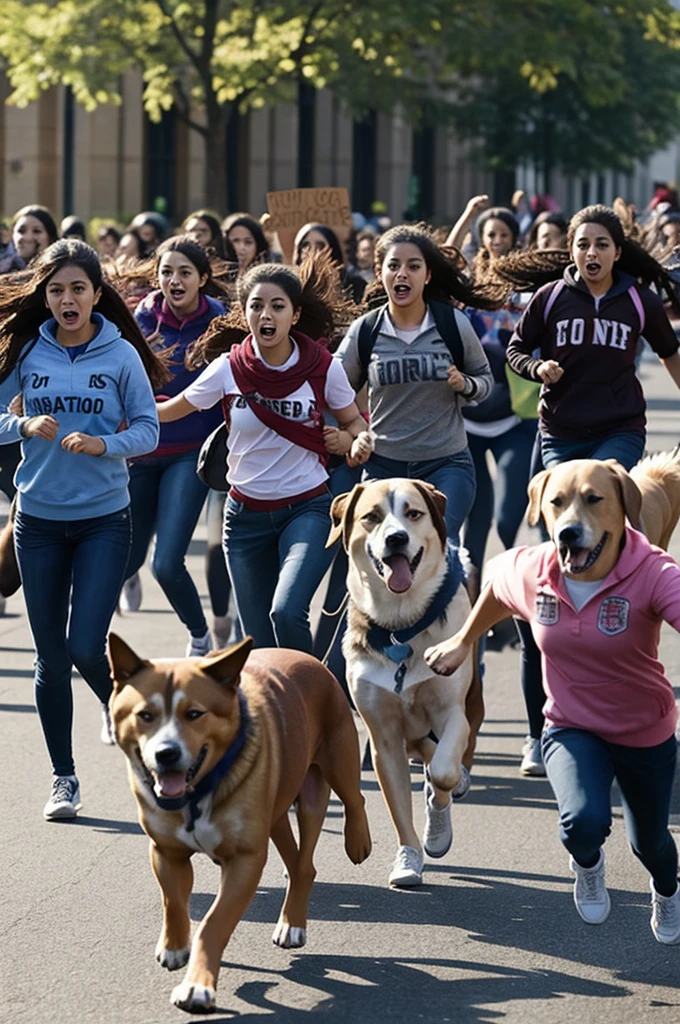 Create an image showing a group of dogs chasing female students as a form of protest."