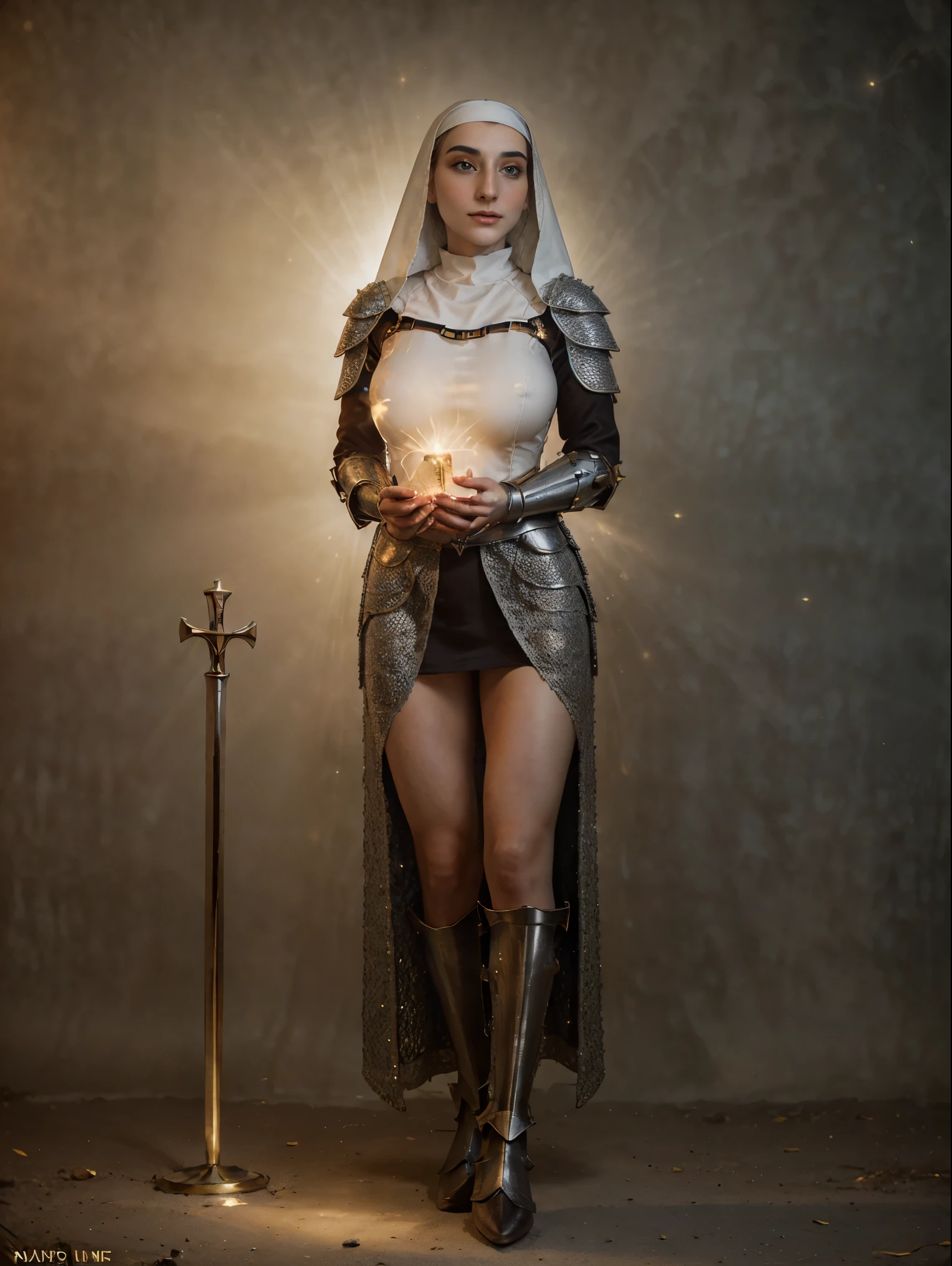 (masterpiece, top quality, best quality, official art, beautiful and aesthetic:1.2), (1girl:1.3), ((Sharp facial features, sharp features, hawkish features)), ((blue eyes)), busty paladin knight girl, extremely detailed, portrait, looking at viewer, solo, (full body:0.6), detailed background, full-body shot, (warm mountain meadow theme:1.1), holy knight, (nun), charlatan, smirk, mysterious, swaying in mountains, armor, polished metal, gold trim, long boots, white fabric, pelvic curtain, robe, pale leather, ((((nun, holy aura, corona, mace, heavy armor, armored, long legs, pelvic curtain, toned, muscular, chainmail)))), slim waist, slim hips, long legs, medieval (mountain exterior:1.1) background, dark mysterious lighting, shadows, magical atmosphere, dutch angle