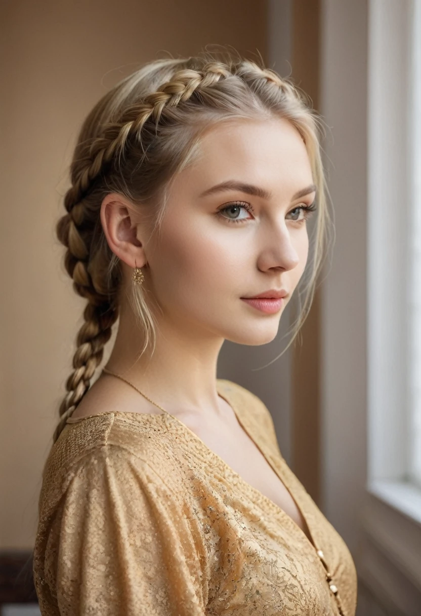 Beautiful graceful blonde girl, golden short blouse, braided hair. Tender look, in Russia.