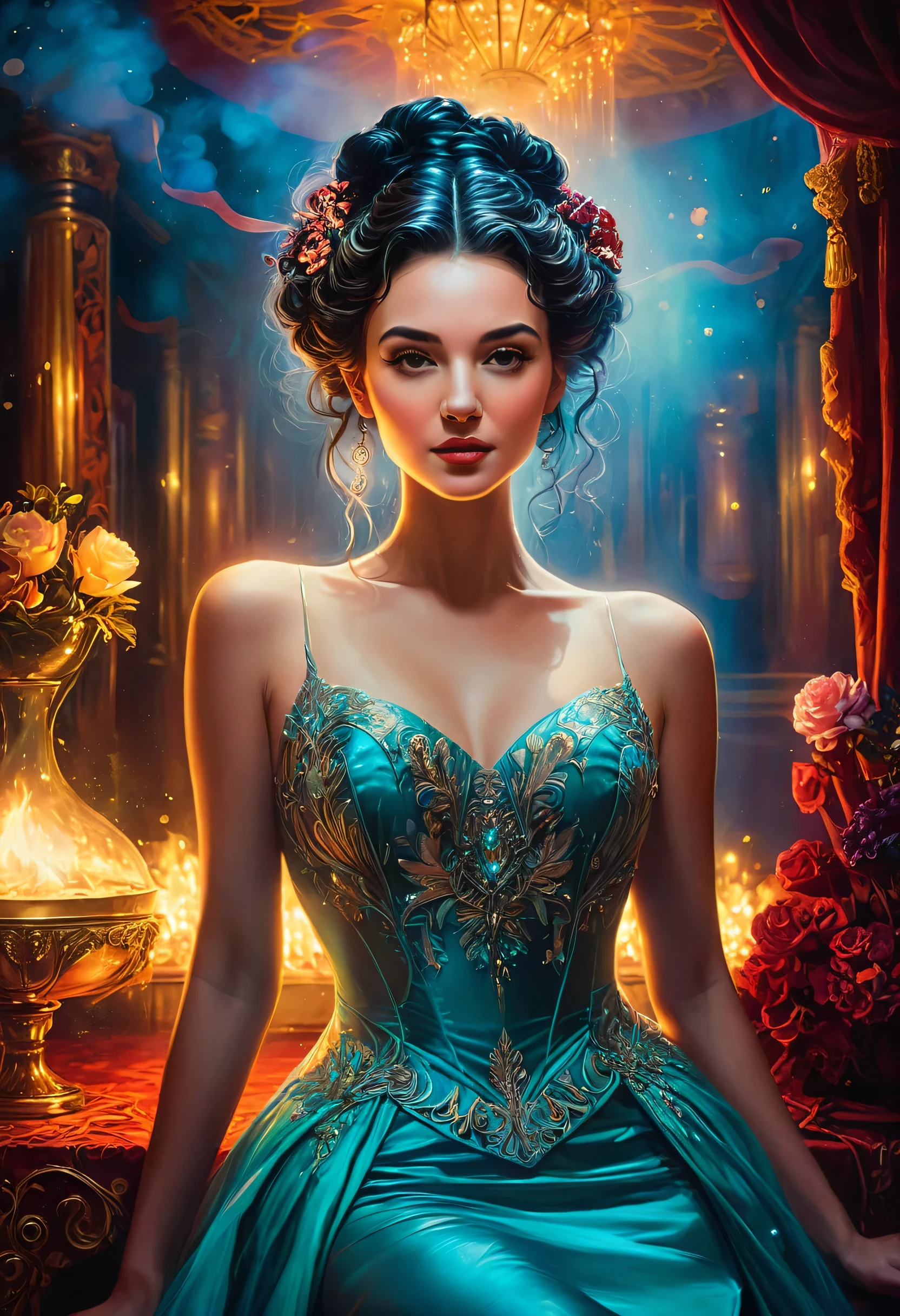 evening gown, theater, by Gerald Brom and Brandon Woelfel, best qualityer, work of art, very aesthetic, perfect composition, details Intricate, ultra detali