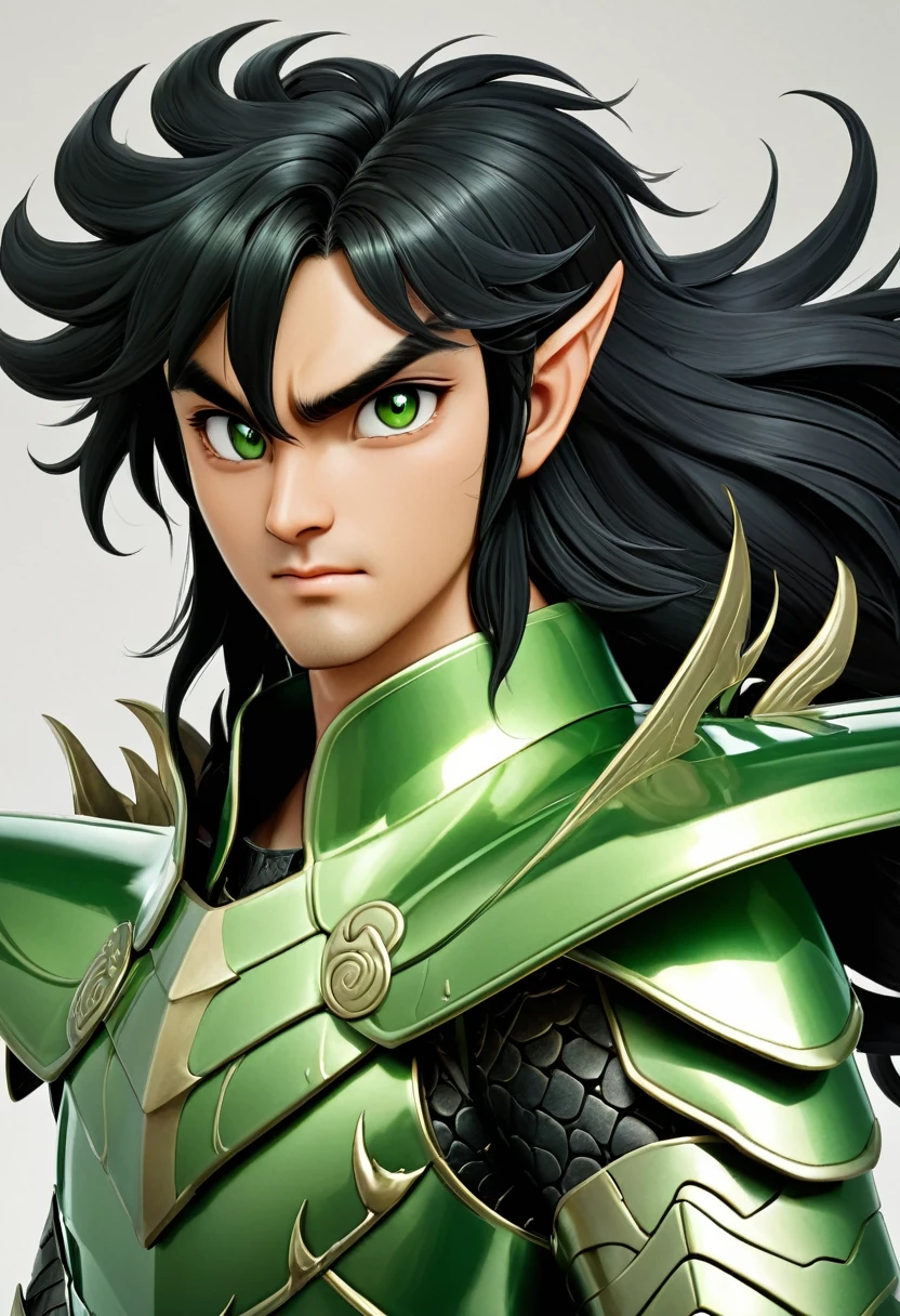 A man in green metallic armor, Cel animation style, Dragon carvings are designed on the armor., I can see your real face, Armor in the shape of dragon claws is attached to both shoulders.,Man with long black hair, Black straight long hair, Super beautiful image quality, Professional painter, Highest quality, 18-year-old,