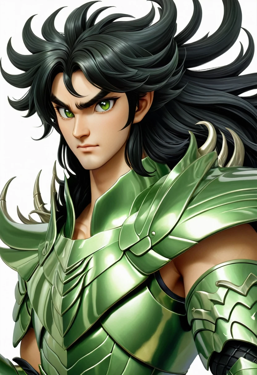 A man in green metallic armor, Cel animation style, Dragon carvings are designed on the armor., I can see your real face, Armor in the shape of dragon claws is attached to both shoulders.,Man with long black hair, Black straight long hair, Super beautiful image quality, Professional painter, Highest quality, 18-year-old,