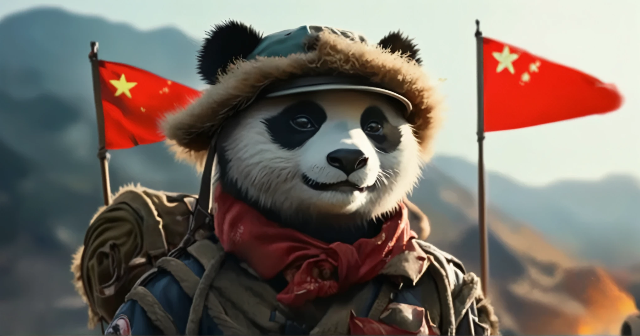 araffe in a bear costume,Carrying national flag and backpack, red panda on a propaganda poster, Wojtek Fuss, panda panda panda, Inspired by Hu Zaobin, panda, Son of Heaven, Inspired by Wu Zhen, inspired by Luo Ping, Inspired by Miao Fu, Real-life stills, Inspired by Wu Bin