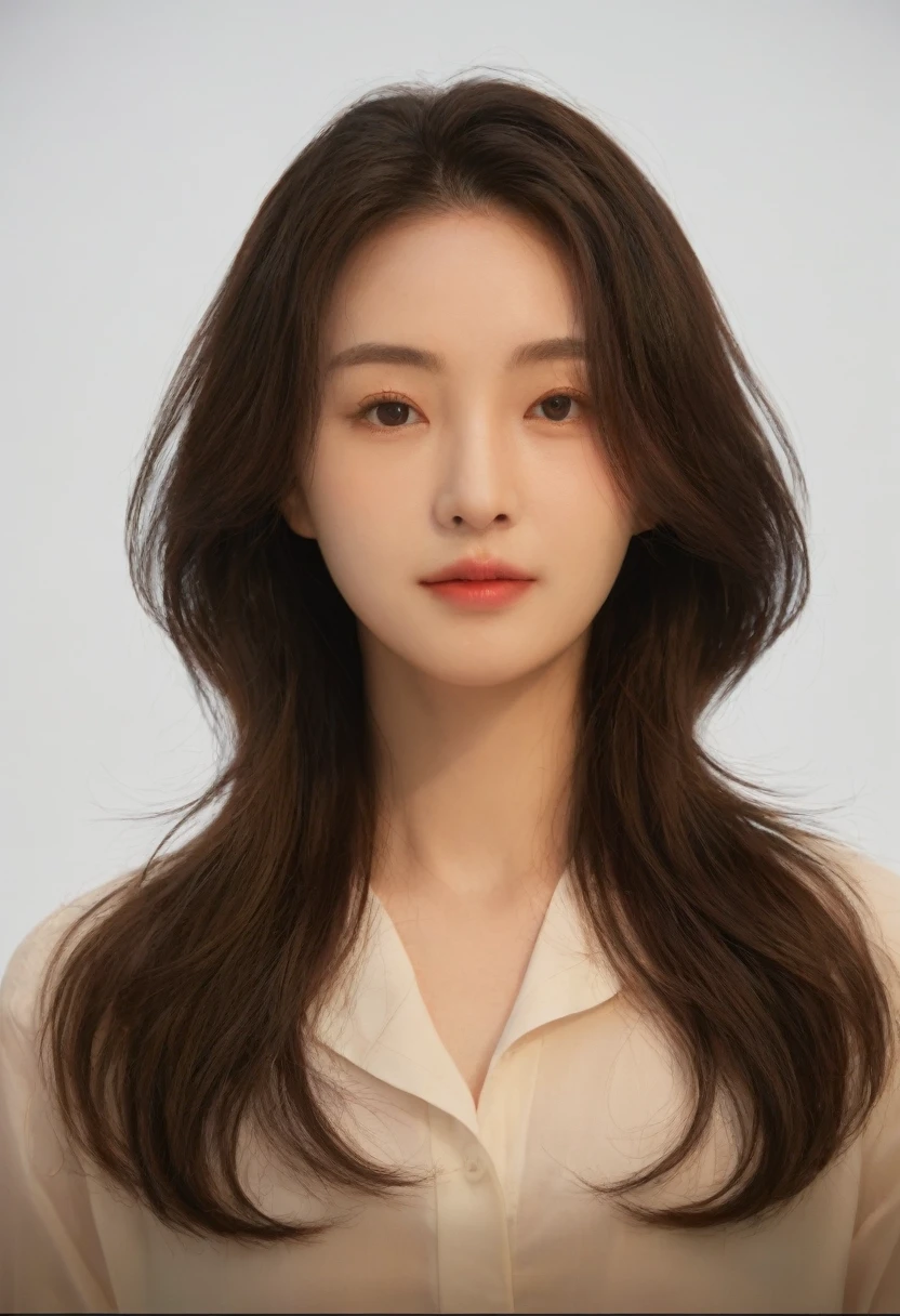 Best Quality, 8k, Masterpiece, (Portrait: 1.3), (photo realistic:1.4), (hyper realistic:1.4), Sharp Focus, looking at viewer, (smoother lighting:1.1), (increase cinematic lighting quality:0.9), realistic lighting, backlighting, light on face, ray trace, (brightening light:1.2), (Increase quality:1.4), sharp detail, (best quality real texture skin:1.4), finely detailed eyes, black_eyes, finely detailed face, 25 year old Korean woman, (white formal_shirt:1.4), (Create an image maintaining the original base model hairstyle:1.5)