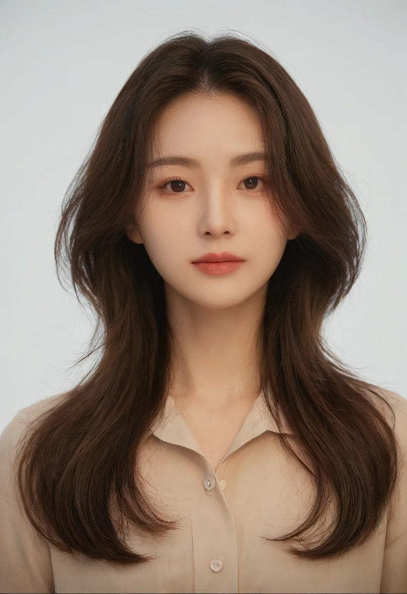 Best Quality, 8k, Masterpiece, (Portrait: 1.3), (photo realistic:1.4), (hyper realistic:1.4), Sharp Focus, looking at viewer, (smoother lighting:1.1), (increase cinematic lighting quality:0.9), realistic lighting, backlighting, light on face, ray trace, (brightening light:1.2), (Increase quality:1.4), sharp detail, (best quality real texture skin:1.4), finely detailed eyes, black_eyes, finely detailed face, 25 year old Korean woman, (white formal_shirt:1.4), (Create an image maintaining the original base model hairstyle:1.5)