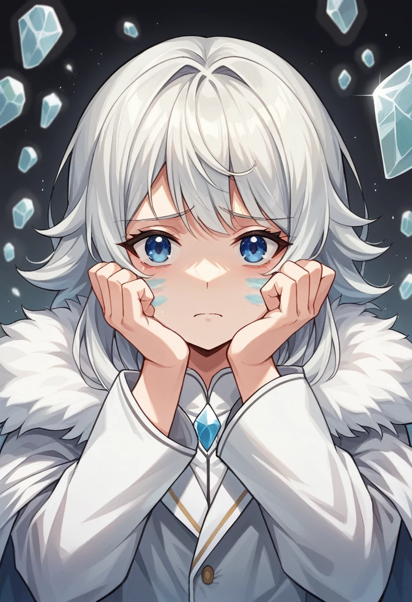 Perfect alignment, White coat, Paint marks, crystal, Daisy flowers, of, blue eyes, sadness, 金色of长发, rest position, Abstract Beauty, beautiful young girl with 薄of face, Center, Looking at the audience, Facing the camera, sad, 空洞of脸, 薄of, 15 years old, shattered glass, Almost perfect, 动态of, Very detailed, 光滑of, Clear focus, 8K, HD resolution, illustration, 新川耀司of艺术作品, Kane Griffith and Vadim Kashin, White background