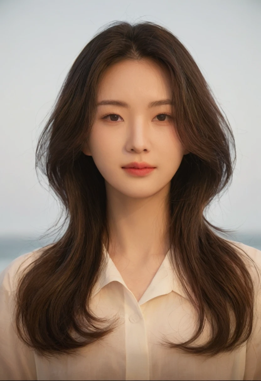 Best Quality, 8k, Masterpiece, (Portrait: 1.3), (photo realistic:1.4), (hyper realistic:1.4), Sharp Focus, looking at viewer, (smoother lighting:1.1), (increase cinematic lighting quality:0.9), realistic lighting, backlighting, light on face, ray trace, (brightening light:1.2), (Increase quality:1.4), sharp detail, (best quality real texture skin:1.4), finely detailed eyes, black_eyes, finely detailed face, 25 year old Korean woman, (white formal_shirt:1.4), (Create an image maintaining the orig...