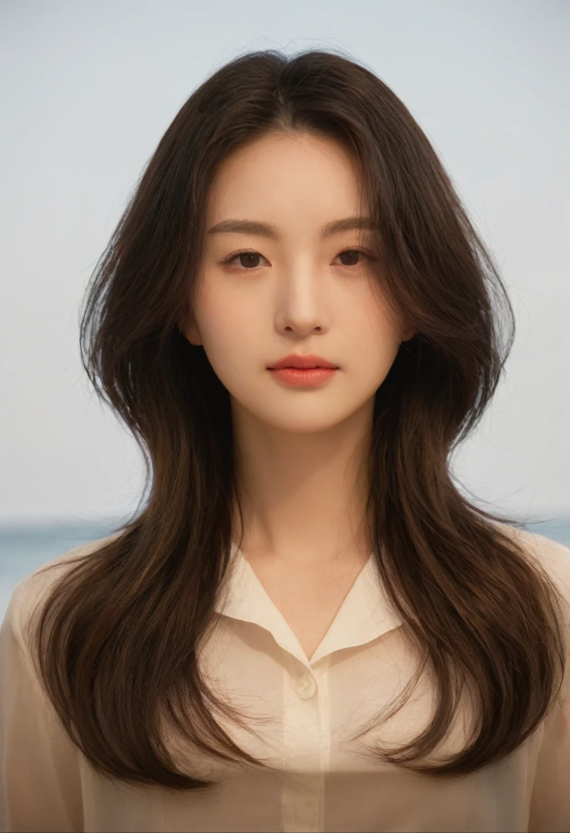Best Quality, 8k, Masterpiece, (Portrait: 1.3), (photo realistic:1.4), (hyper realistic:1.4), Sharp Focus, looking at viewer, (smoother lighting:1.1), (increase cinematic lighting quality:0.9), realistic lighting, backlighting, light on face, ray trace, (brightening light:1.2), (Increase quality:1.4), sharp detail, (best quality real texture skin:1.4), finely detailed eyes, black_eyes, finely detailed face, 25 year old Korean woman, (white formal_shirt:1.4), (Create an image maintaining the original base model hairstyle:1.5)