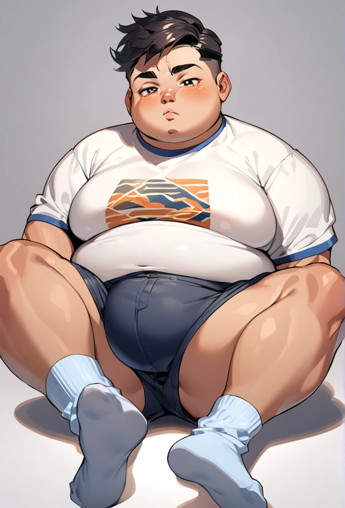 Fat indian 20 year old boy in  shorts socks with short sleeve shirt 
