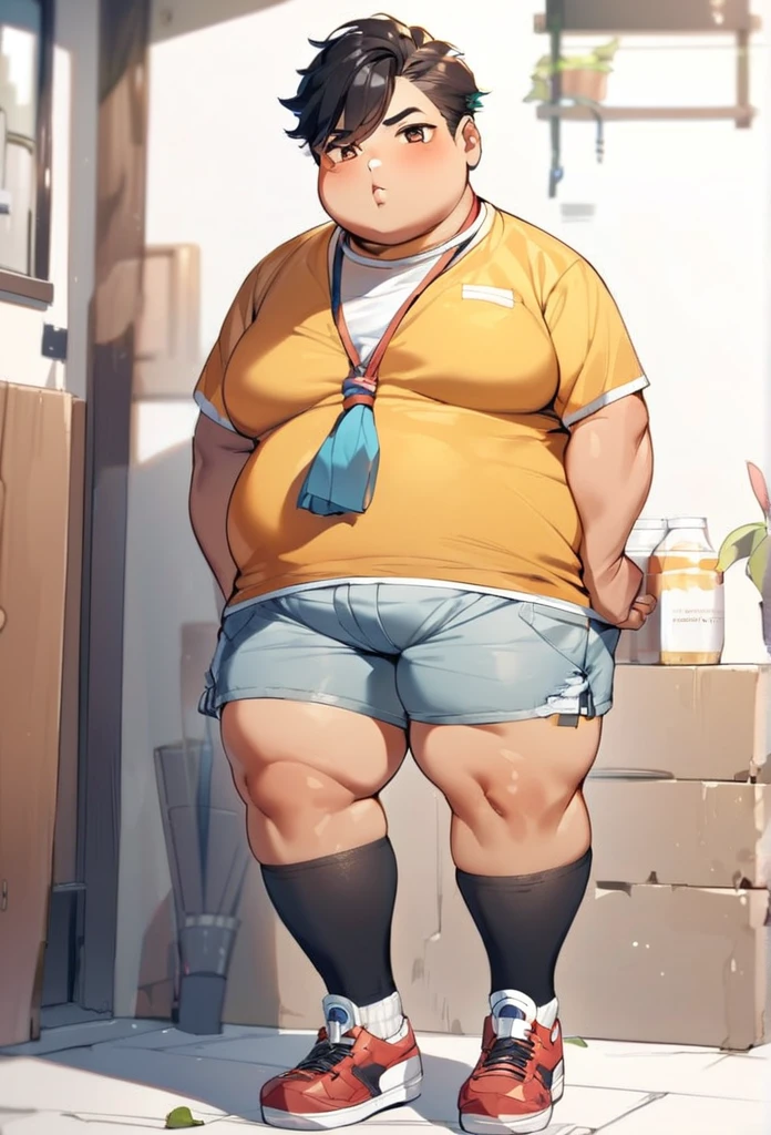 Fat indian 20 year old boy in  shorts socks with short sleeve shirt 