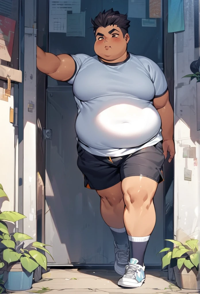 Fat indian 20 year old boy in shorts socks with short sleeve shirt