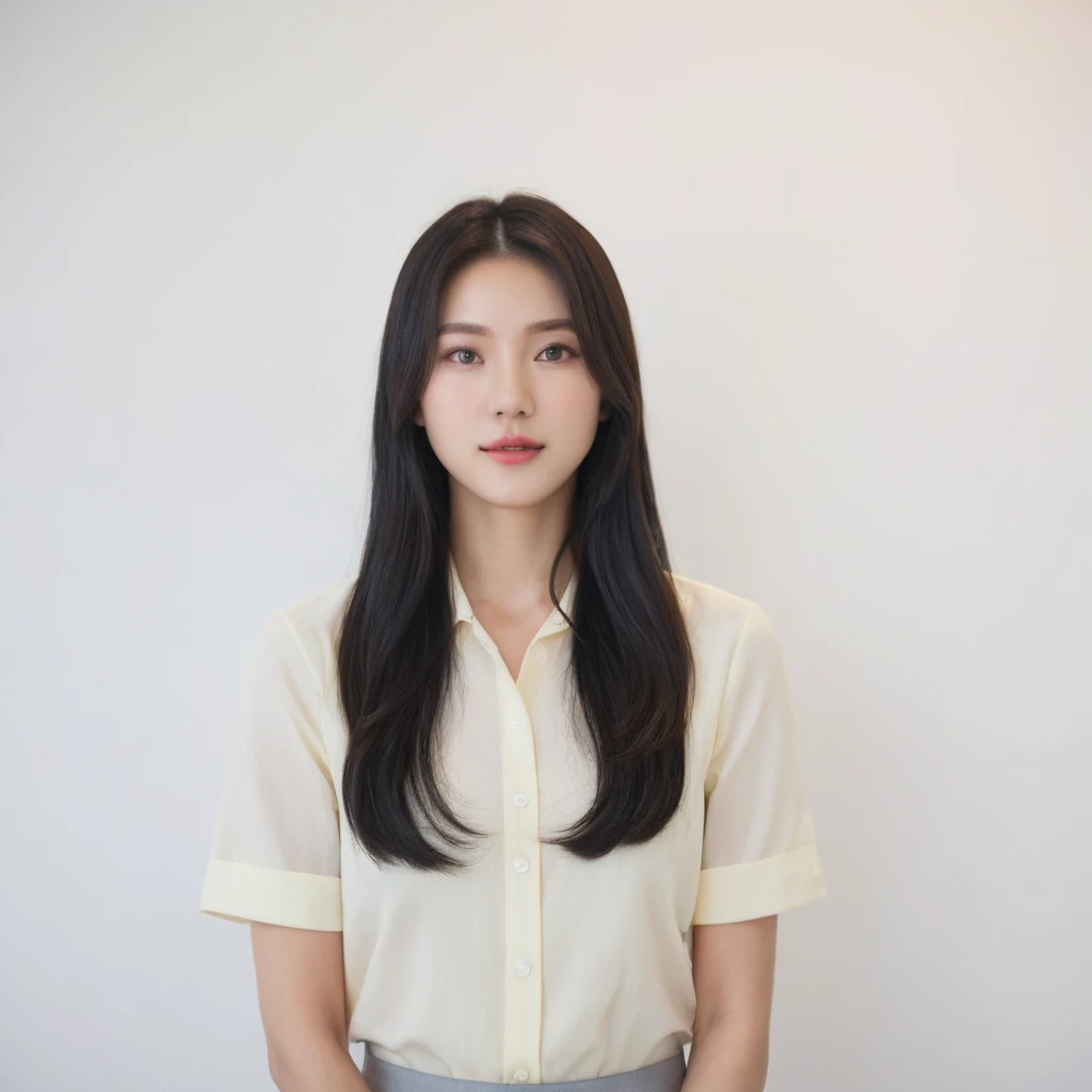 Best Quality, 8k, Masterpiece, (Portrait: 1.3), (photo realistic:1.4), (hyper realistic:1.4), Sharp Focus, looking at viewer, (smoother lighting:1.1), (increase cinematic lighting quality:0.9), realistic lighting, backlighting, light on face, ray trace, (brightening light:1.2), (Increase quality:1.4), sharp detail, (best quality real texture skin:1.4), finely detailed eyes, black_eyes, finely detailed face, 25 year old Korean woman, (white formal_shirt:1.4), (Create an image maintaining the original base model hairstyle:1.5),envious_face