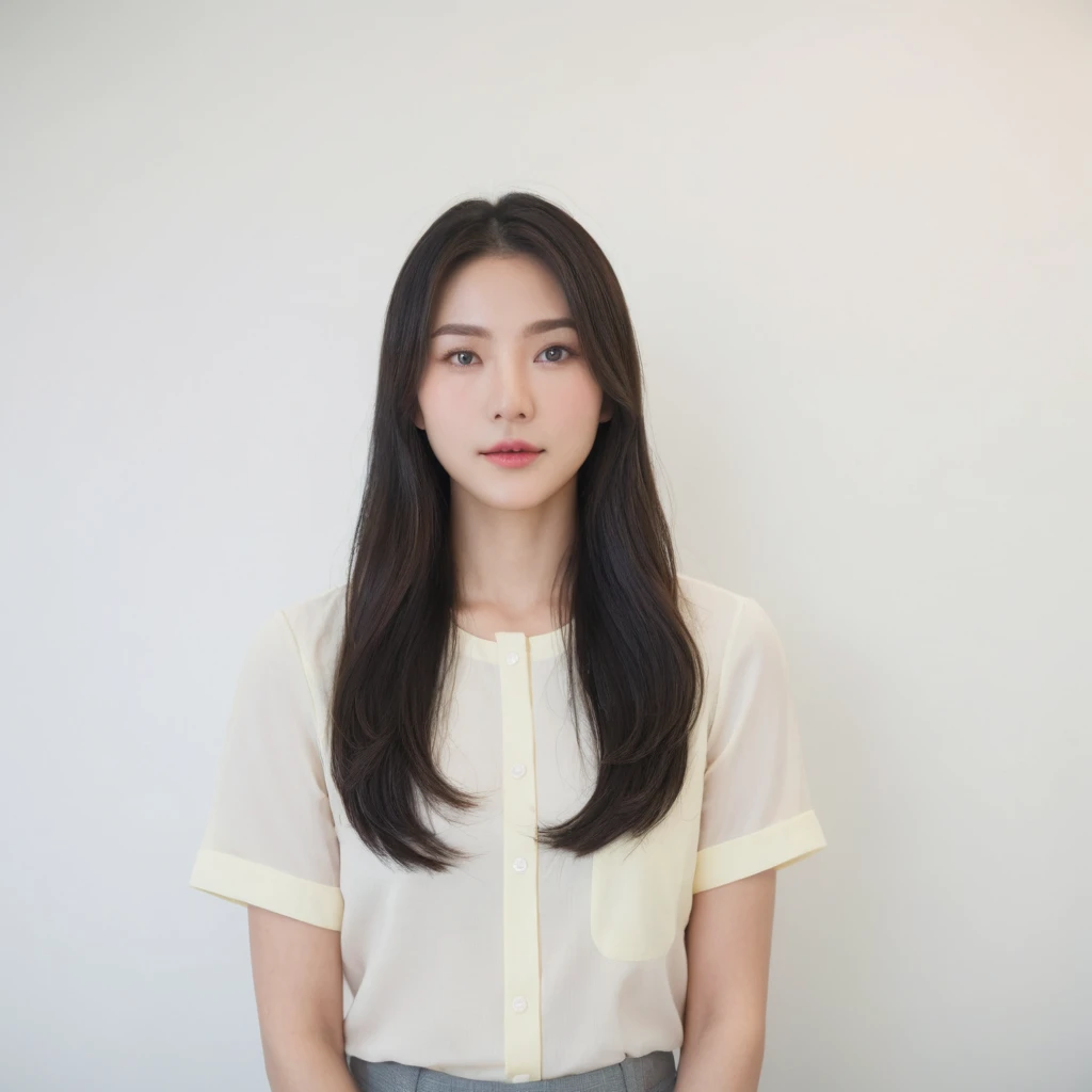 Best Quality, 8k, Masterpiece, (Portrait: 1.3), (photo realistic:1.4), (hyper realistic:1.4), Sharp Focus, looking at viewer, (smoother lighting:1.1), (increase cinematic lighting quality:0.9), realistic lighting, backlighting, light on face, ray trace, (brightening light:1.2), (Increase quality:1.4), sharp detail, (best quality real texture skin:1.4), finely detailed eyes, black_eyes, finely detailed face, 25 year old Korean woman, (white formal_shirt:1.4), (Create an image maintaining the original base model hairstyle:1.5),envious_face
